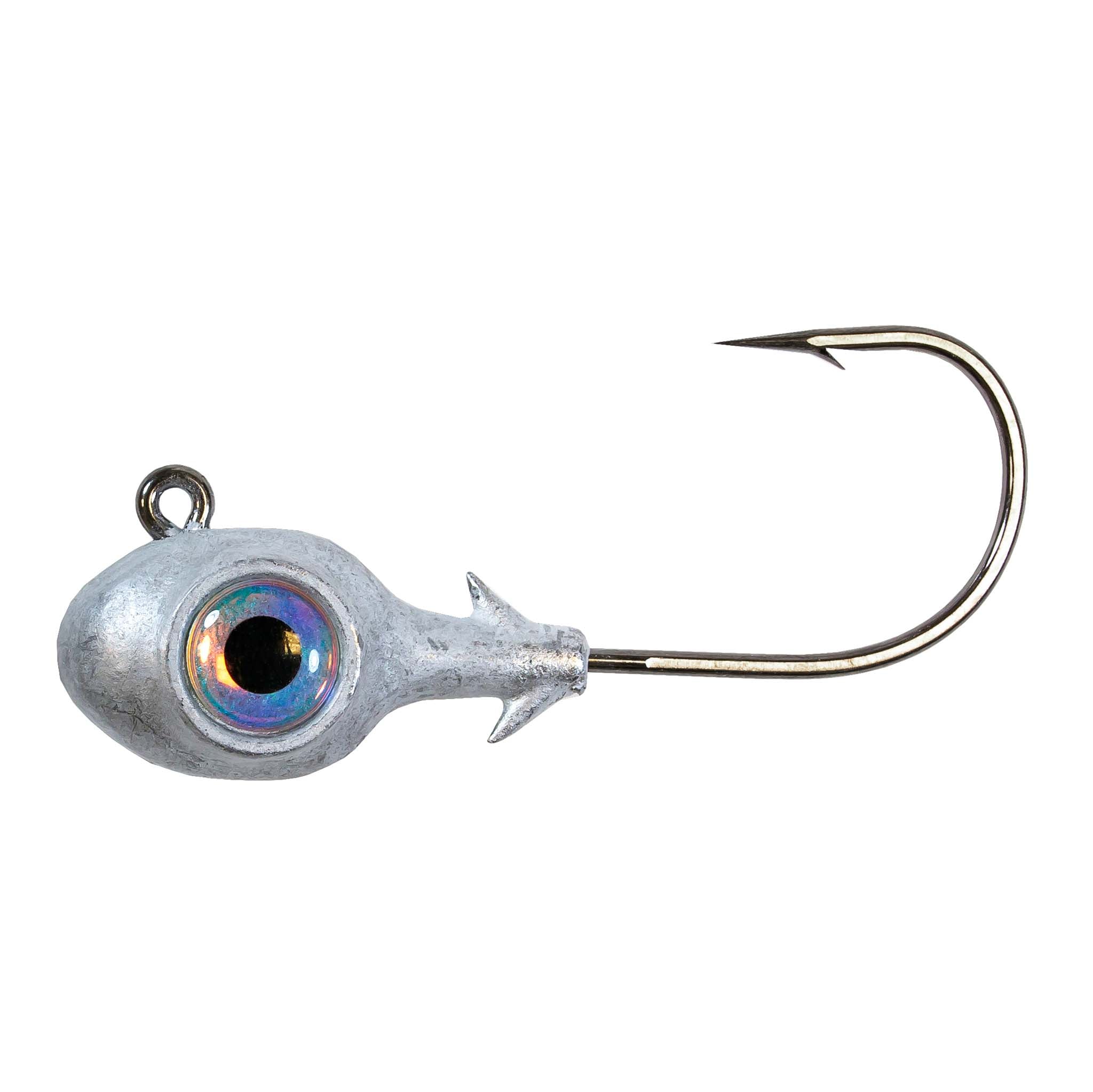 Fishing jighead with pearl iridescent eye, painted lead head, and single hook