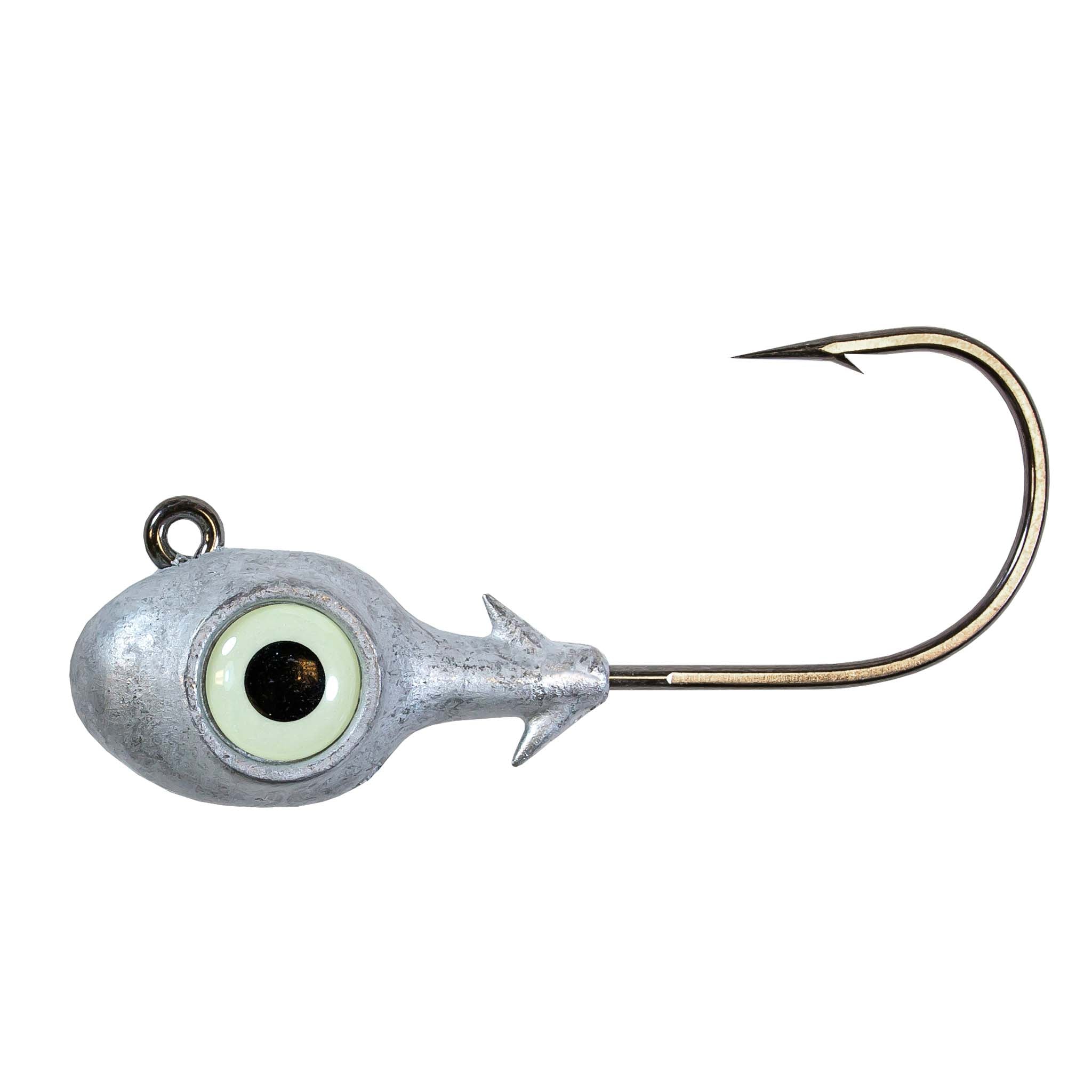 Striped-eye jighead with gray head, pale green glass eye, and gold hook