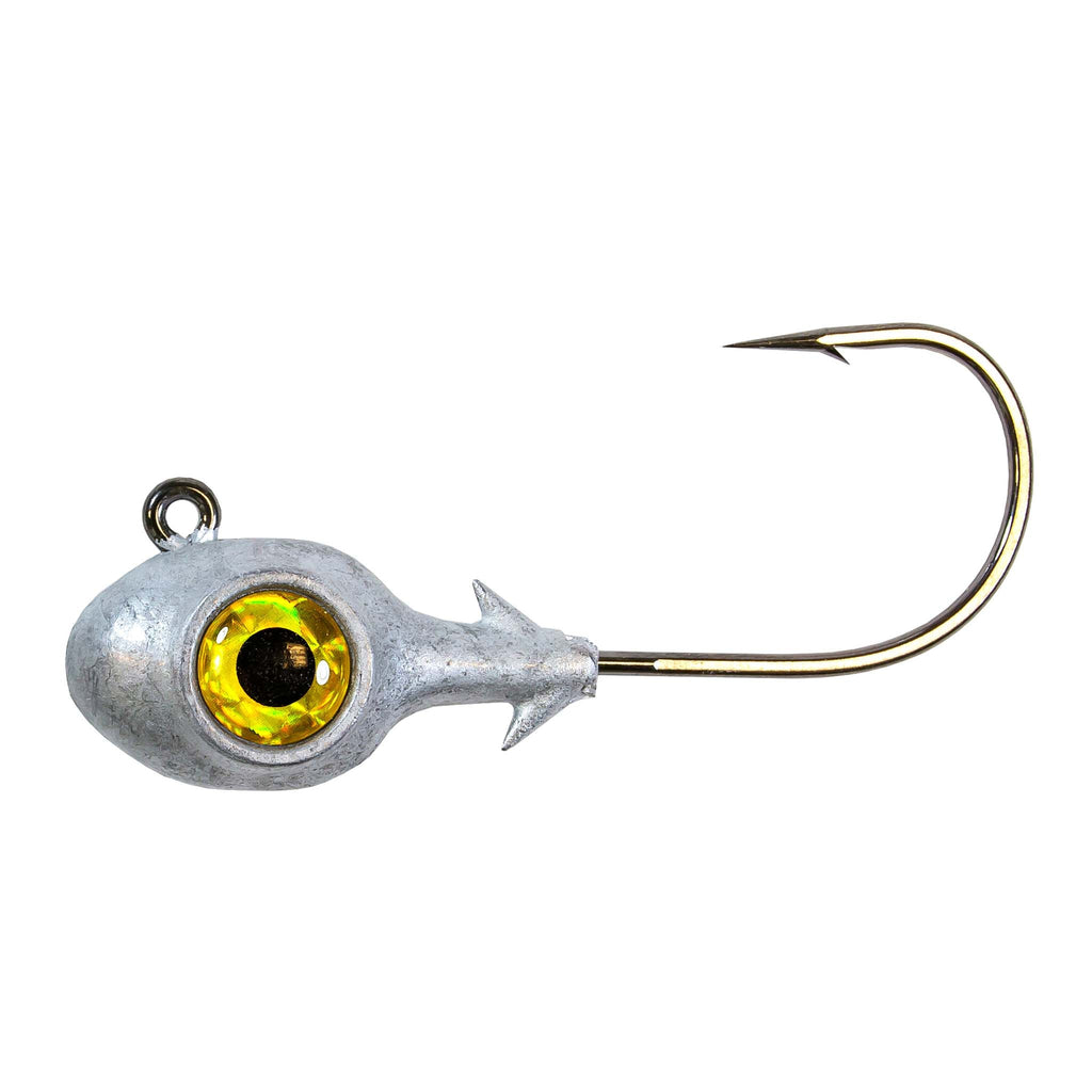 Striped-eye jighead with gray head, yellow glass eye, and gold hook