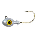 Striped-eye jighead with gray head, yellow glass eye, and gold hook