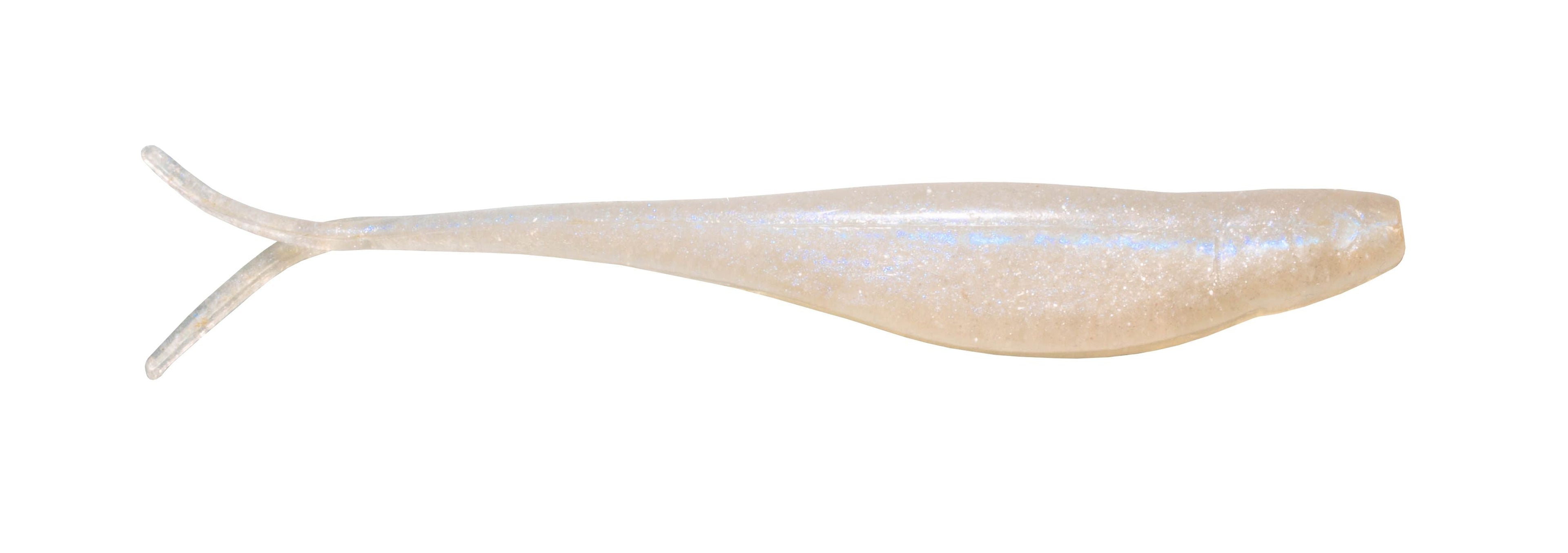 Scented jerk shad soft plastic lure in iridescent pale blue, forked tail.