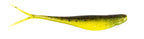 Scented jerk shadZ soft lure, electric chartreuse body with dark speckles and fork tail.