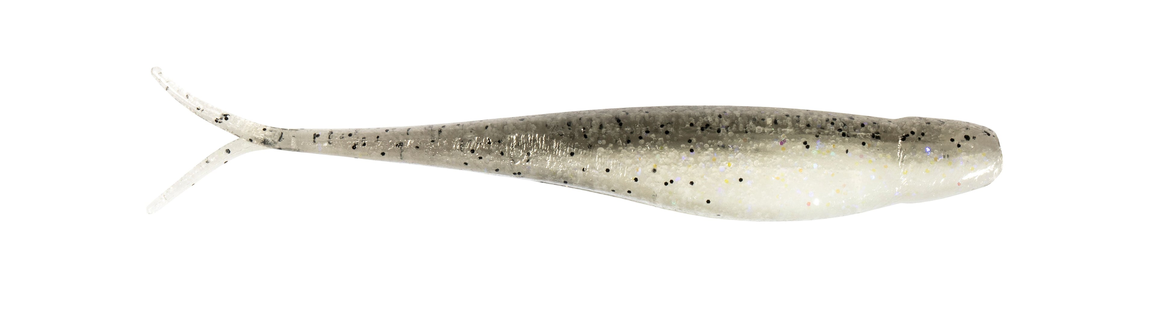 Scented jerk shadZ soft lure, silver-gray body with speckled black pattern and fork tail.