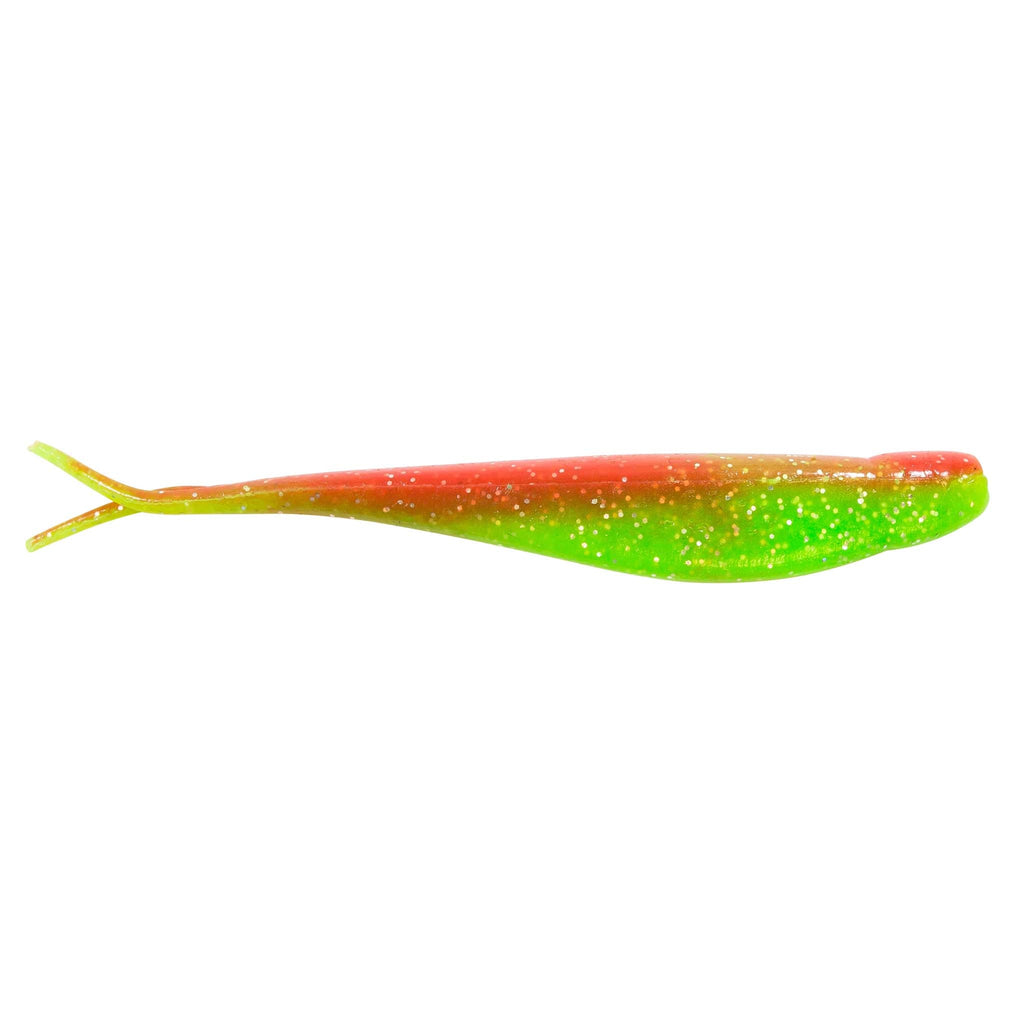Jerk shad lure in red-orange with green-yellow sides and glitter and fork tail