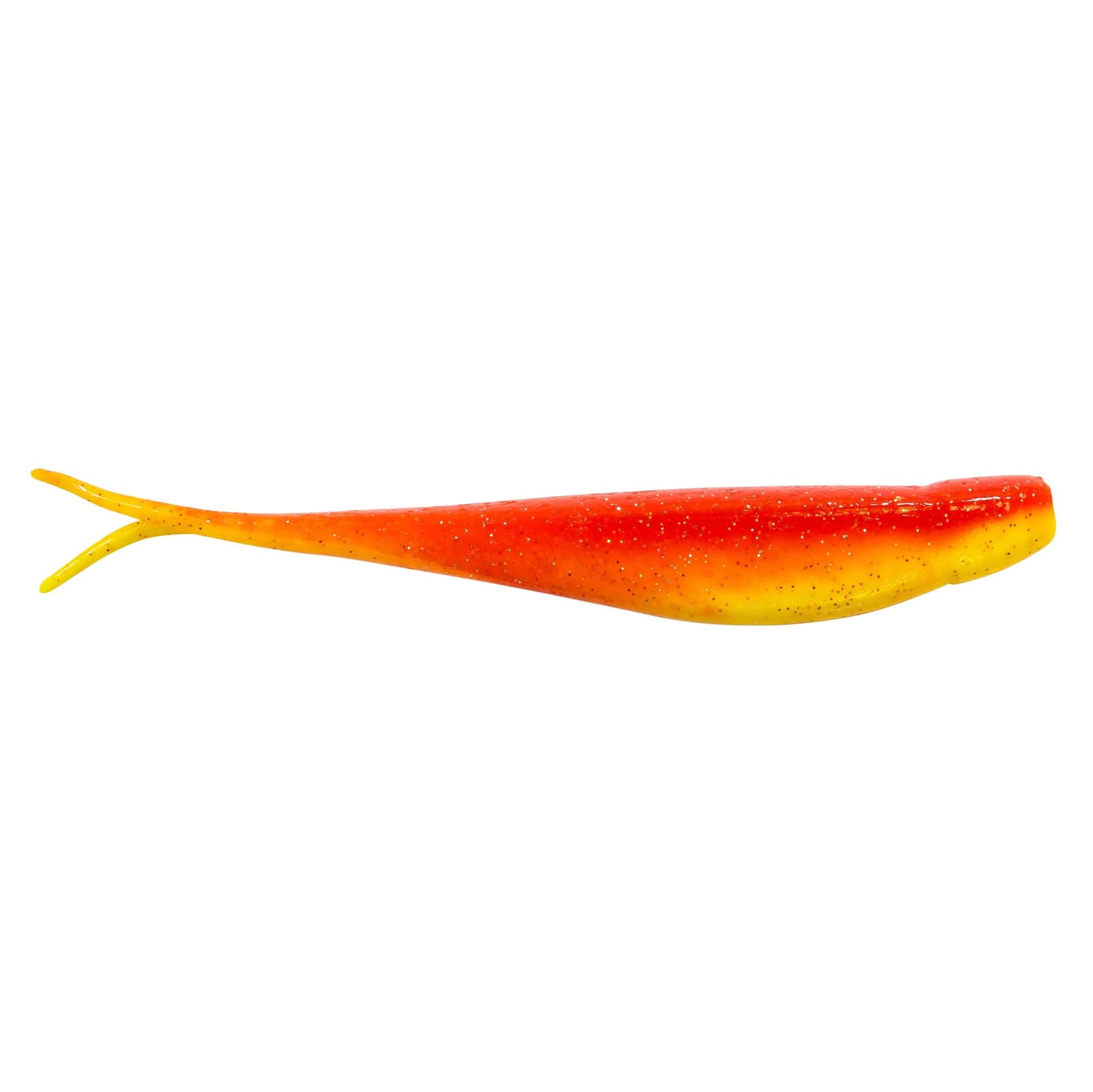 Jerk shad lure in red-orange with yellow underside and glitter and fork tail