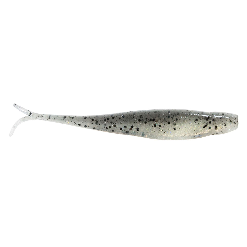 Jerk shad lure in speckled gray with sparkles and fork tail