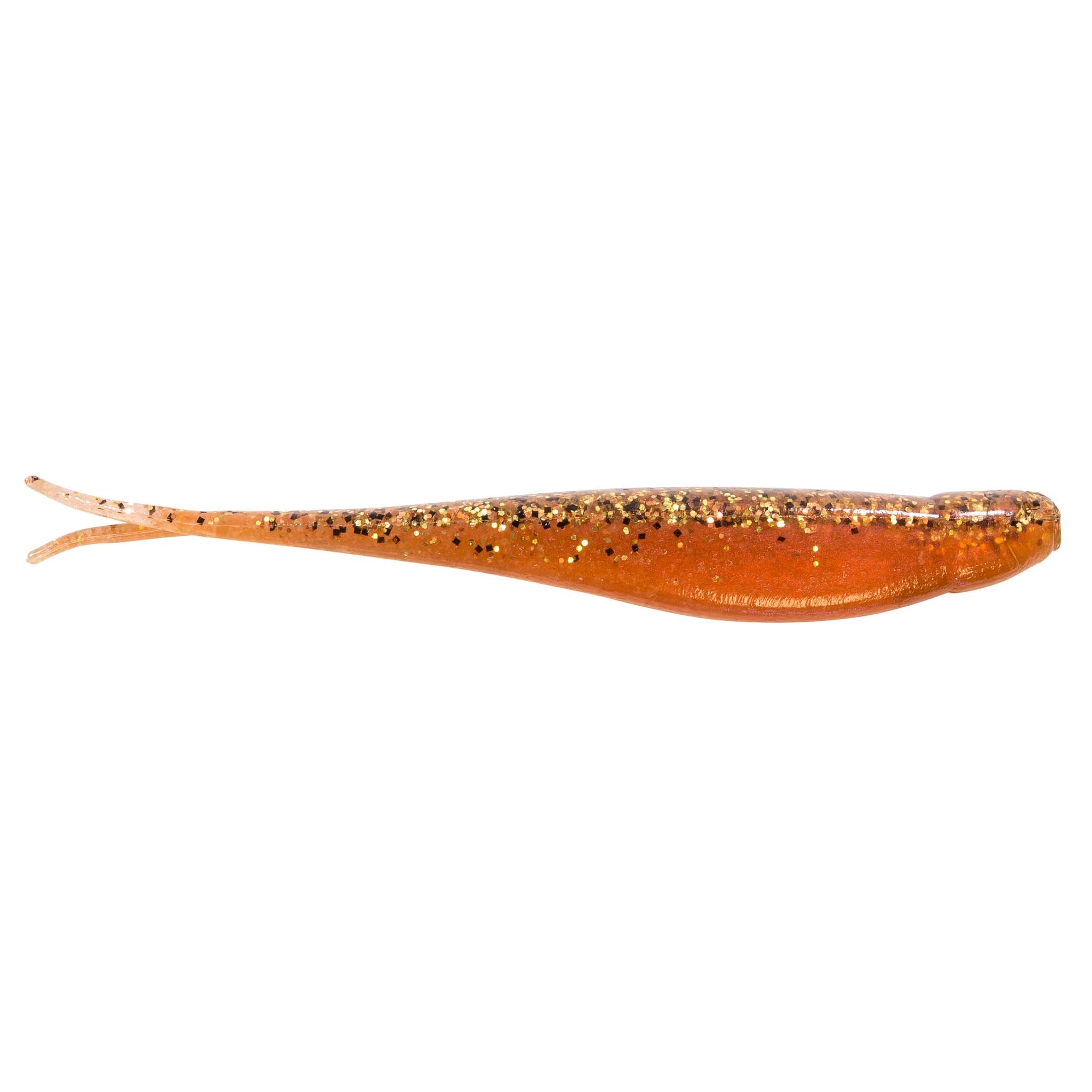 Jerk shad lure in orange-brown with gold glitter flecks and fork tail