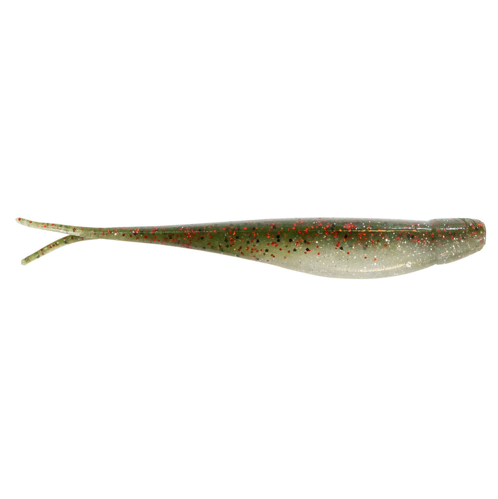 Jerk shad lure in speckled green-gray with glitter and fork tail