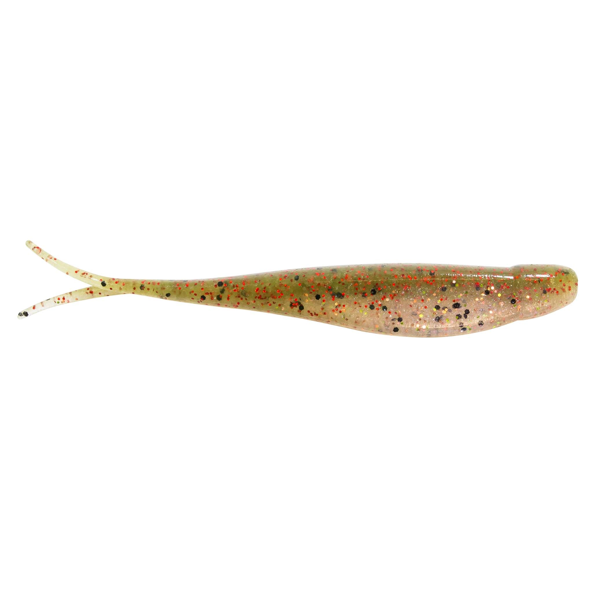 Jerk shad lure in clear pale body with multicolor speckles and fork tail
