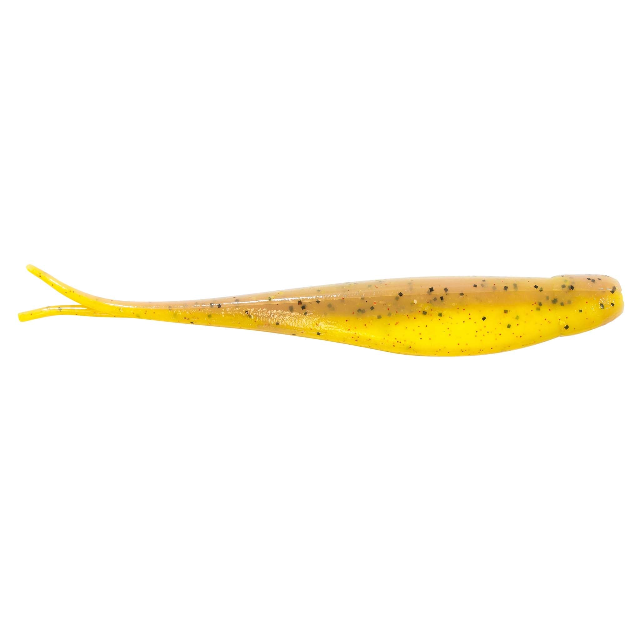 Jerk shad lure in bright yellow with speckled dots and fork tail