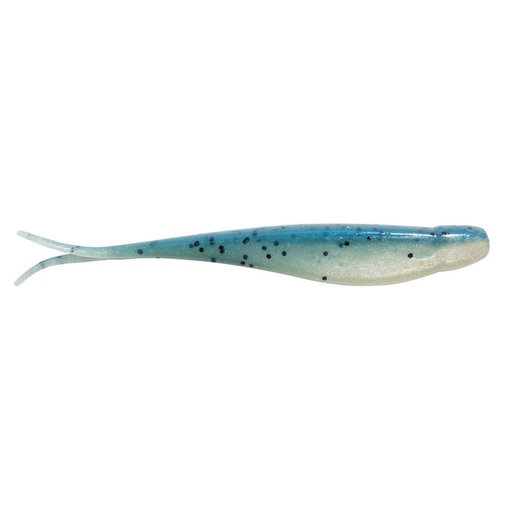 Jerk shad lure in light blue with darker speckles and fork tail