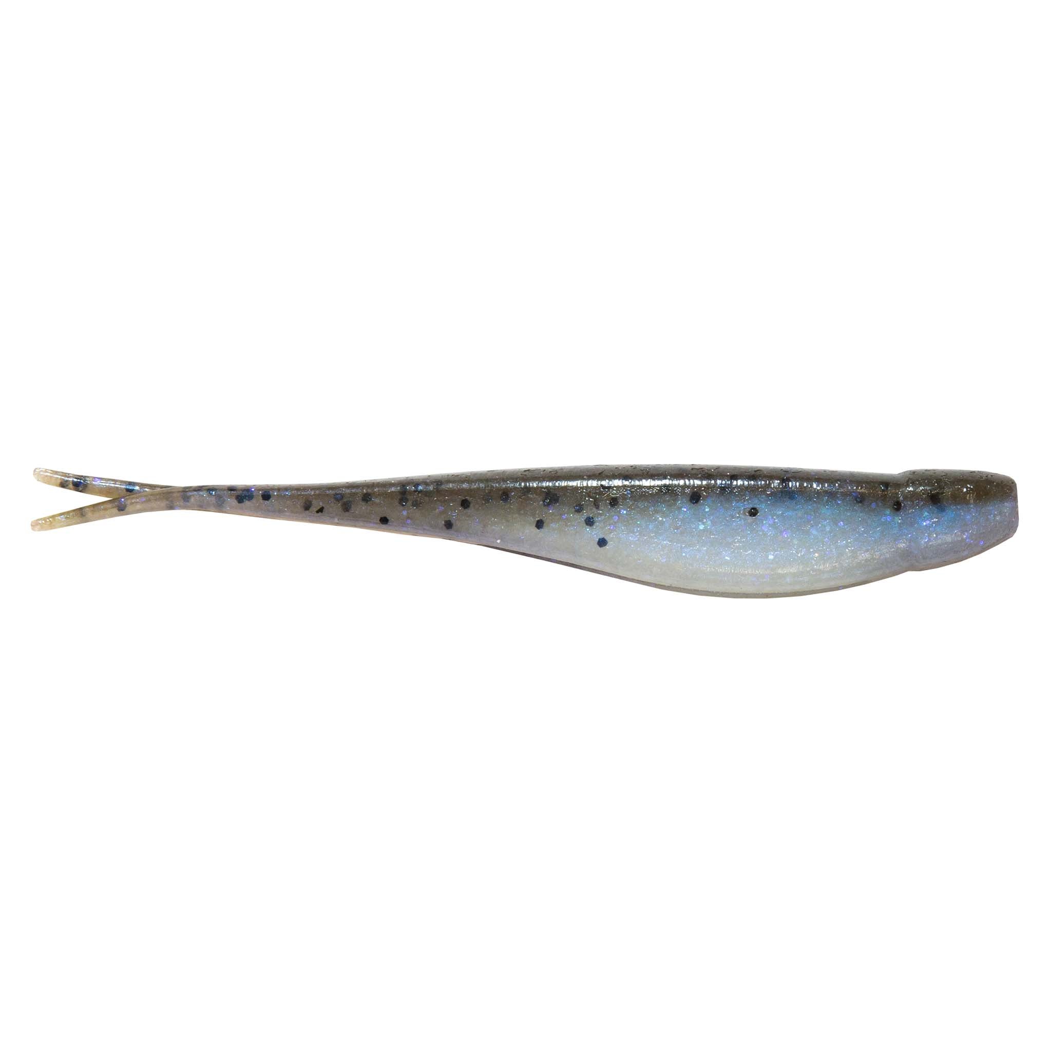 Jerk shad lure in blue-gray with fine speckles and fork tail
