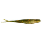 Jerk shad lure in muted green-brown with orange speckles and fork tail