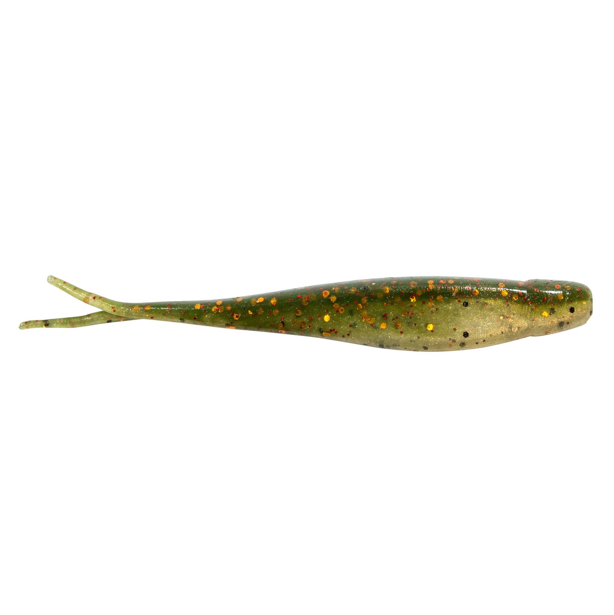 Jerk shad lure in muted green-brown with orange speckles and fork tail