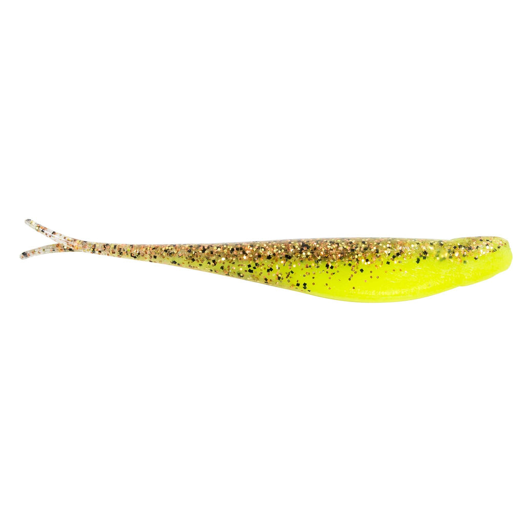 Jerk shad lure in yellow with brown speckles and fork tail