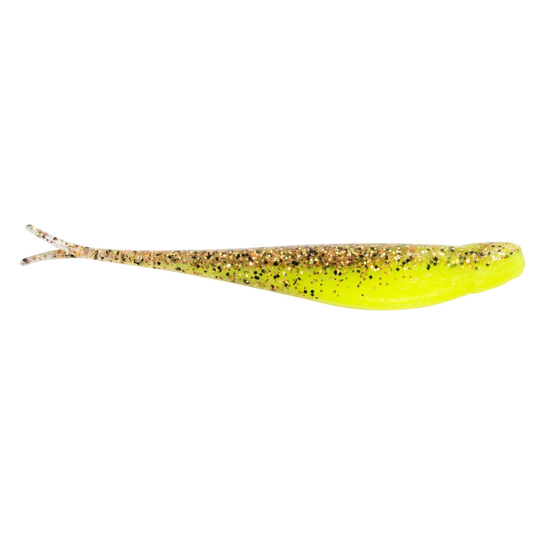 Jerk shad lure in yellow with brown speckles and fork tail