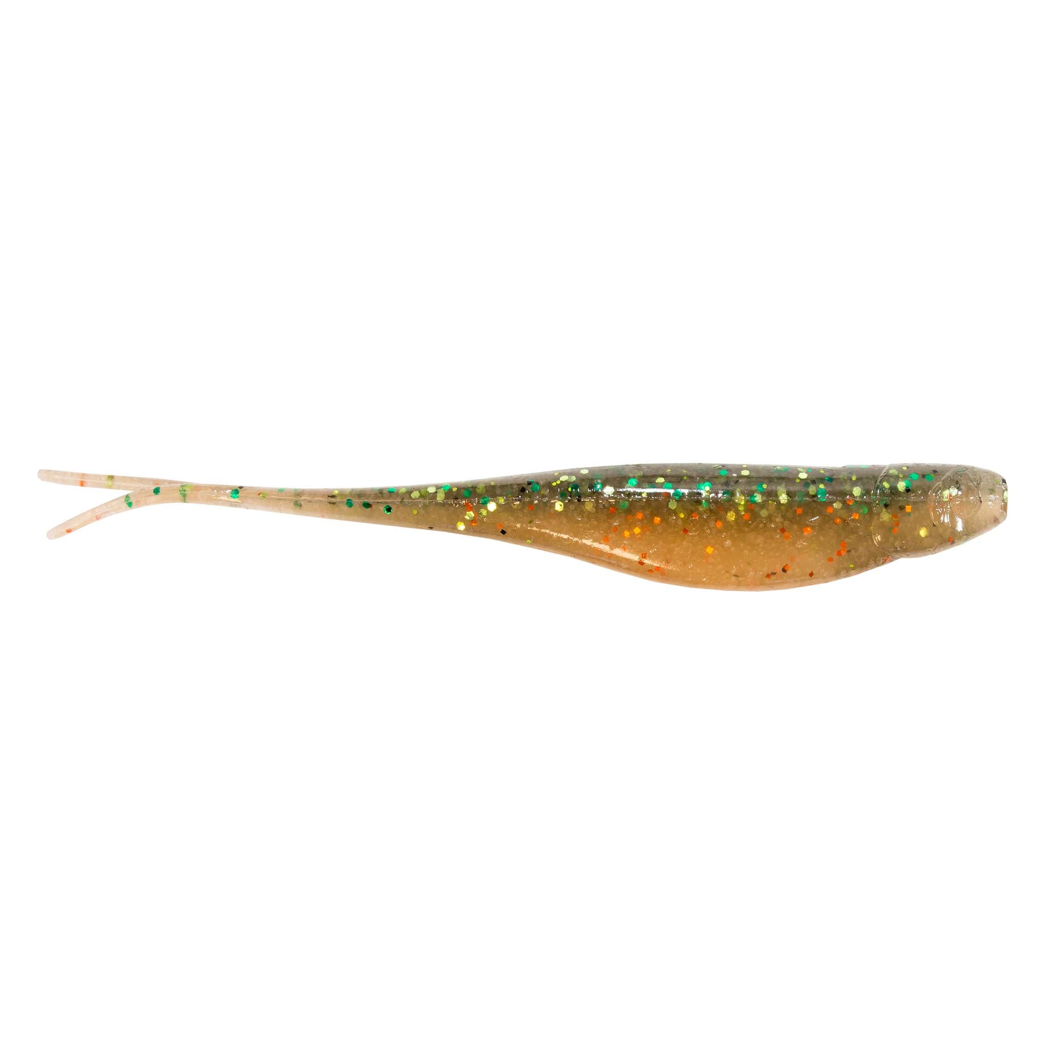 Jerk shad lure in brown-orange with multicolor glitter and fork tail