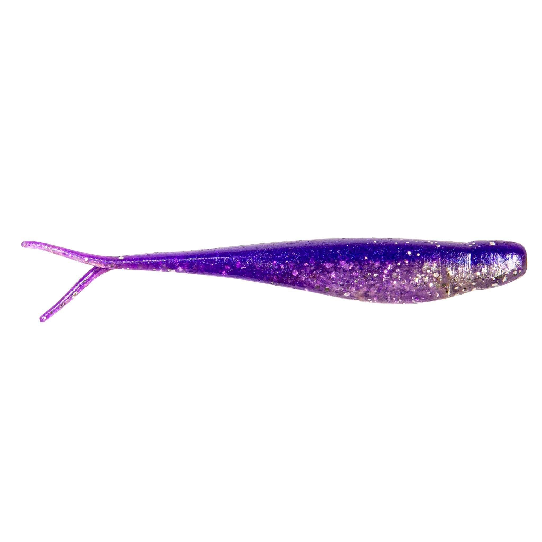 Jerk shad lure in purple with fine glitter and fork tail