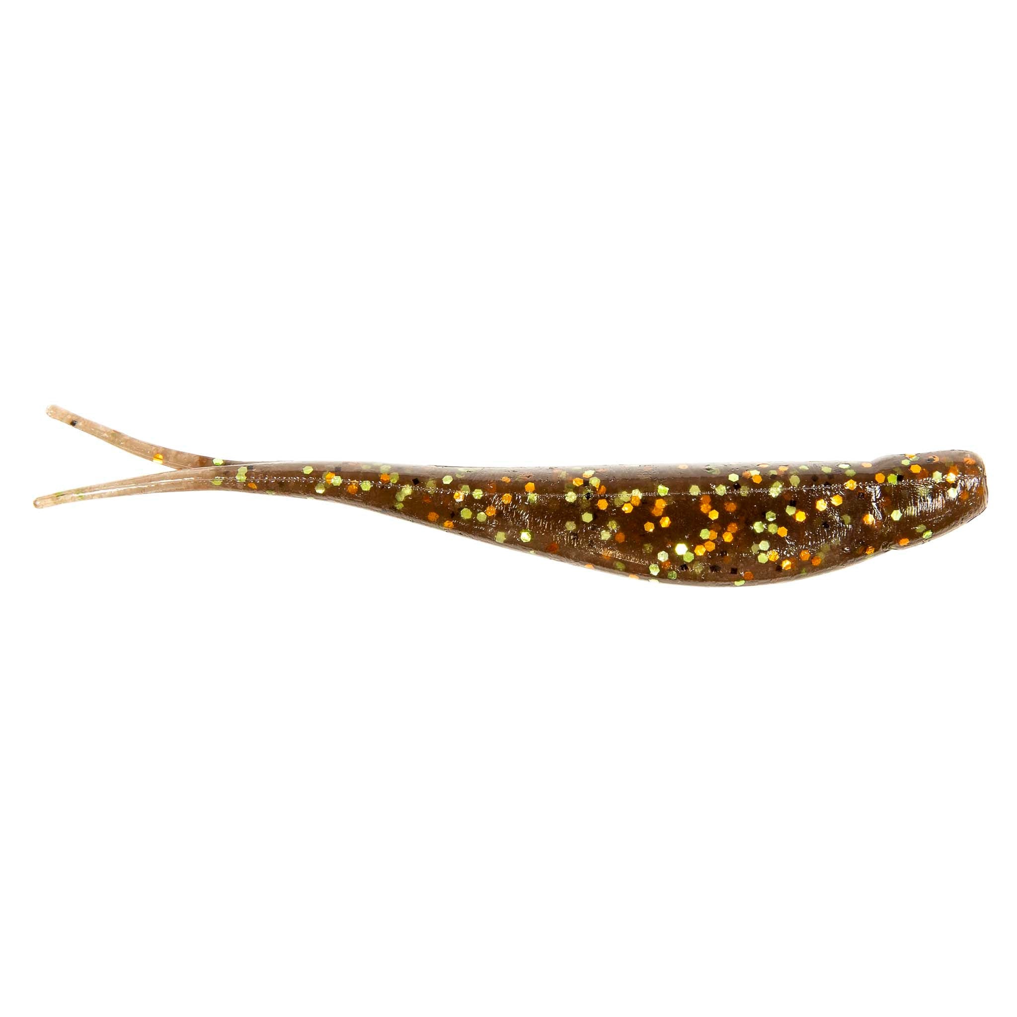 Jerk shad lure in dark brown with gold speckles and fork tail