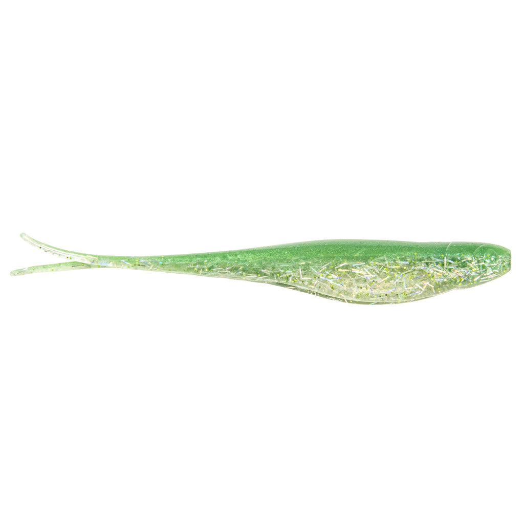 Jerk shad lure in translucent green with silvery sparkle strands and fork tail
