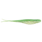 Jerk shad lure in translucent green with silvery sparkle strands and fork tail