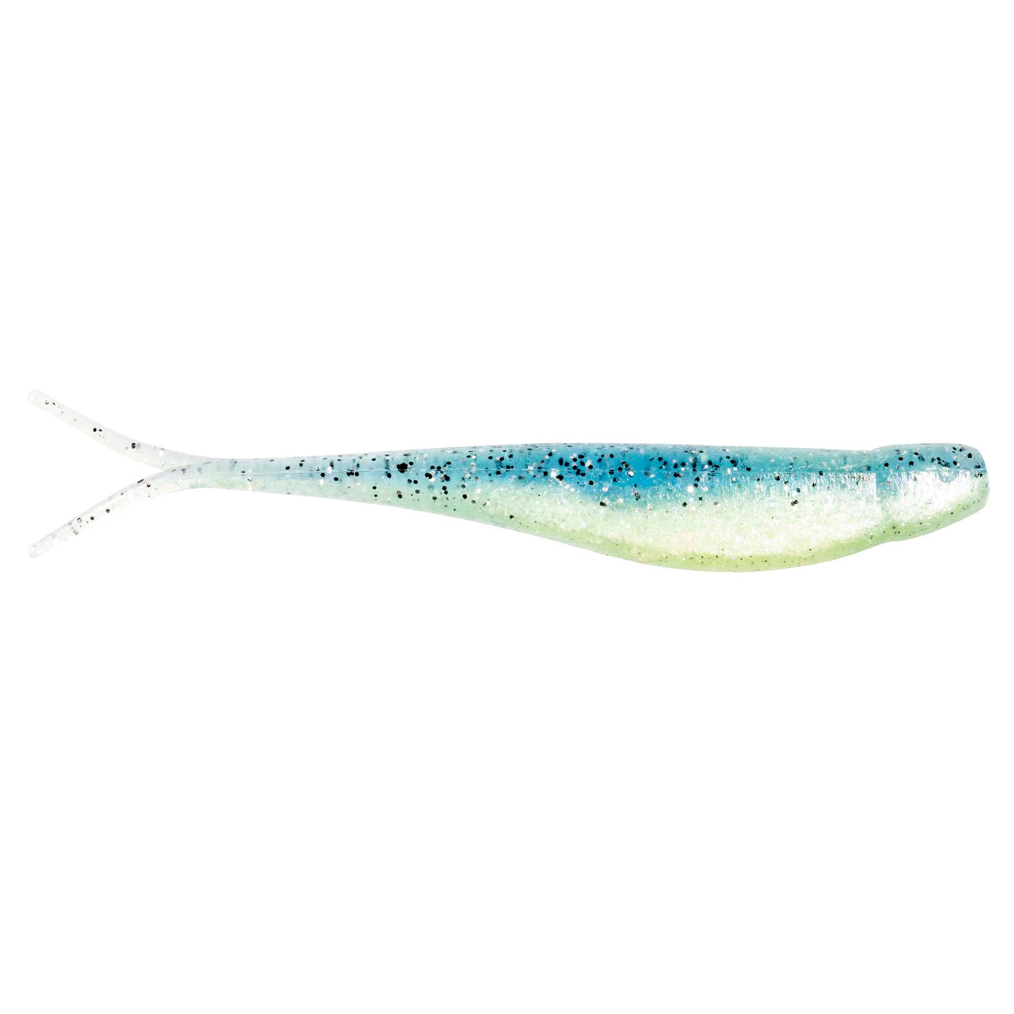 Jerk shad lure in pale white with blue speckles and fork tail