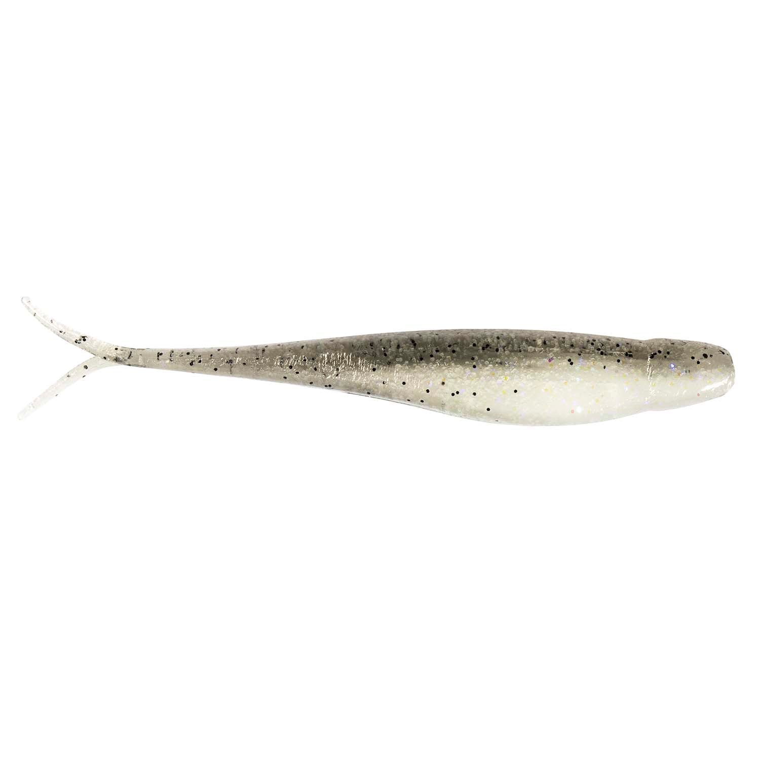 Scented jerk shadZ soft lure, silver-gray speckled body with dark top and fork tail.