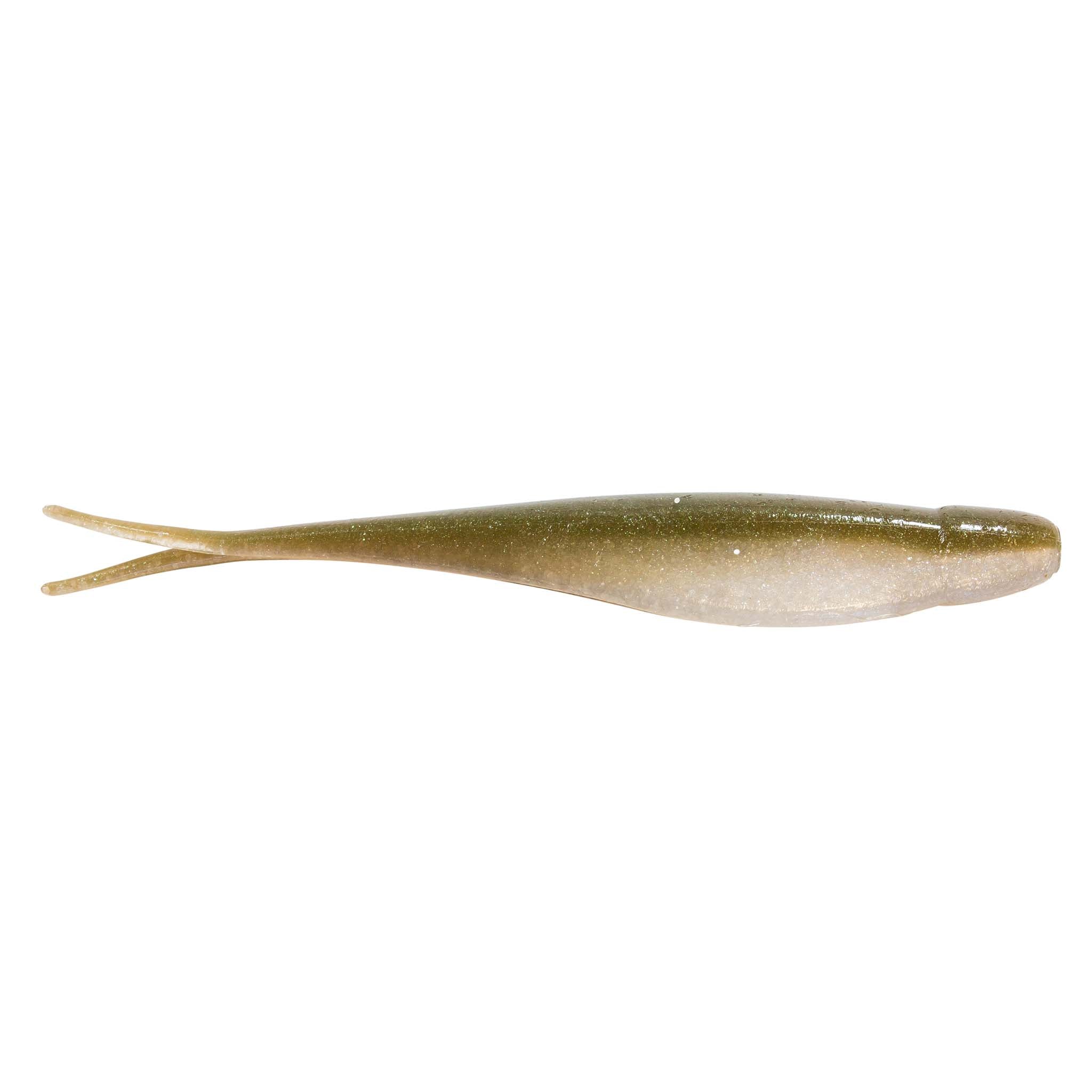 Jerk shad lure in tan-brown with subtle sparkle and fork tail