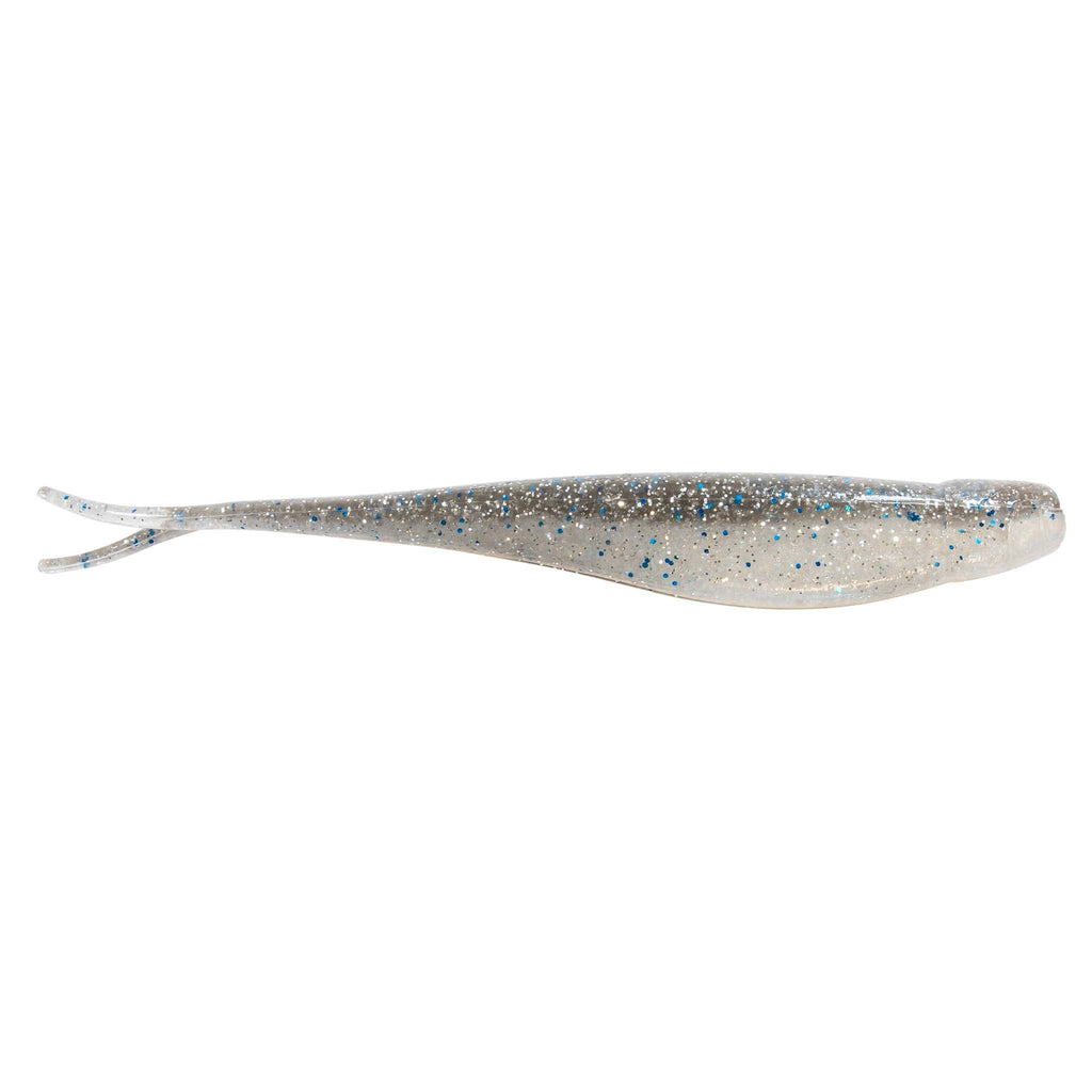 Jerk shad lure in silver-blue with dense blue-black speckles and fork tail