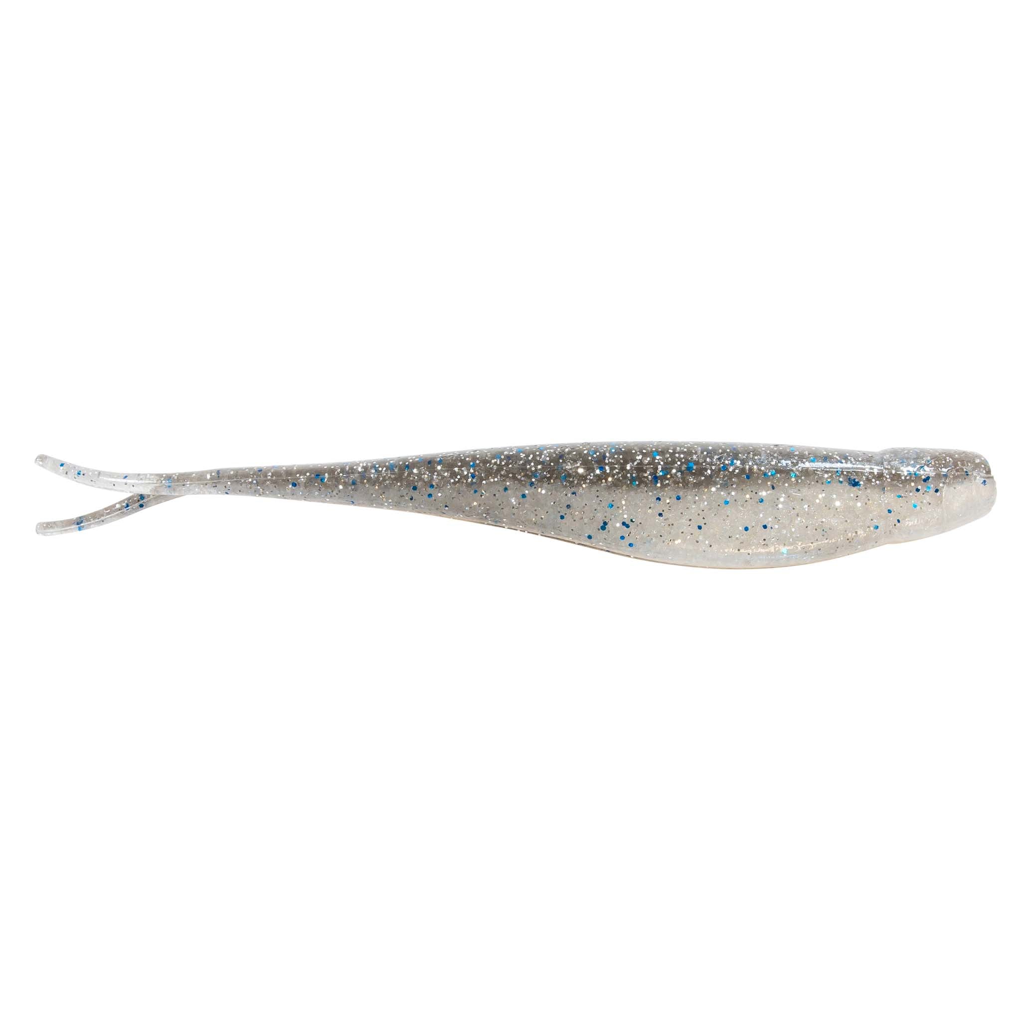 Jerk shad lure in silver-blue with dense blue-black speckles and fork tail