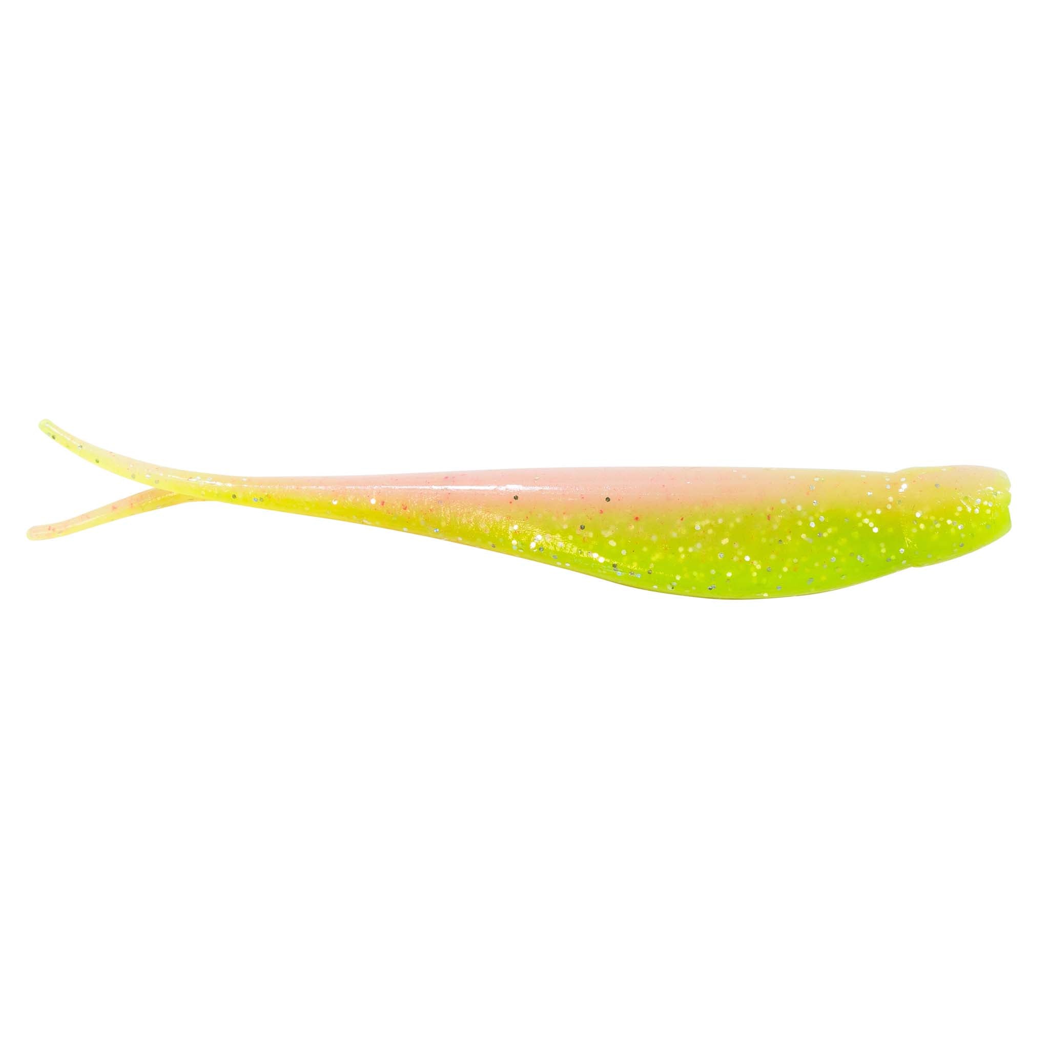Jerk shad lure in translucent orange-pink with green-yellow body and fork tail