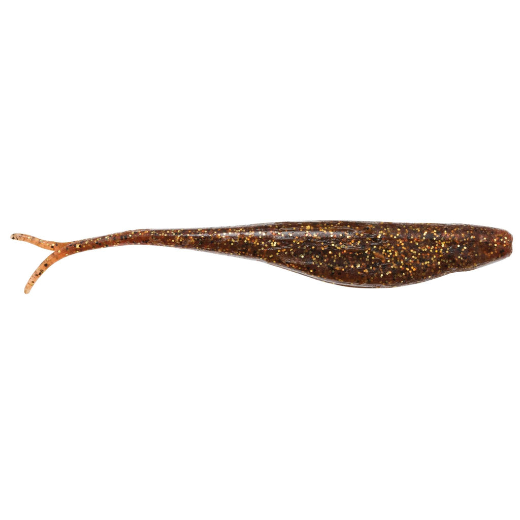 Jerk shad lure in dark brown with gold sparkle and fork tail
