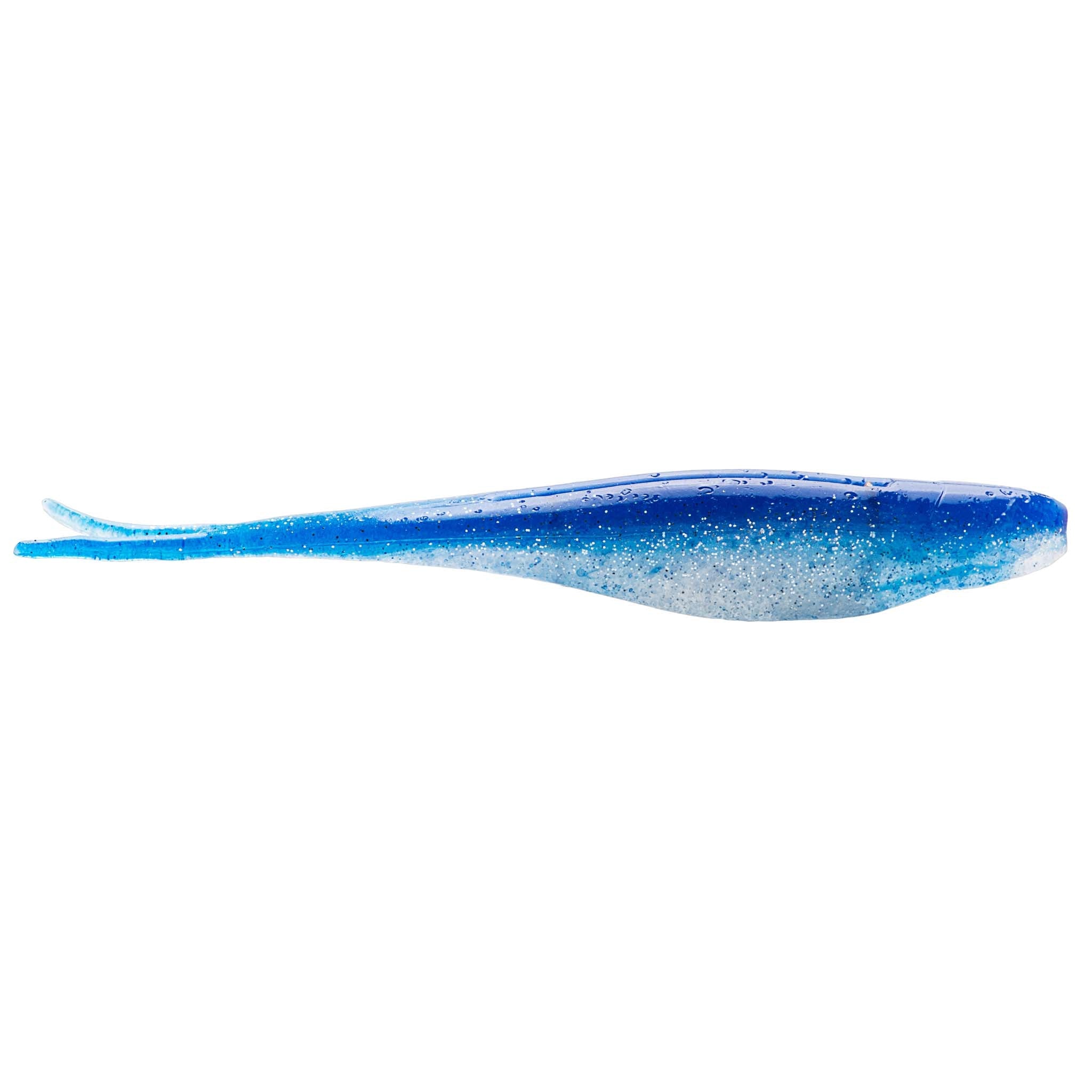Jerk shad lure in light blue with darker speckles and fork tail