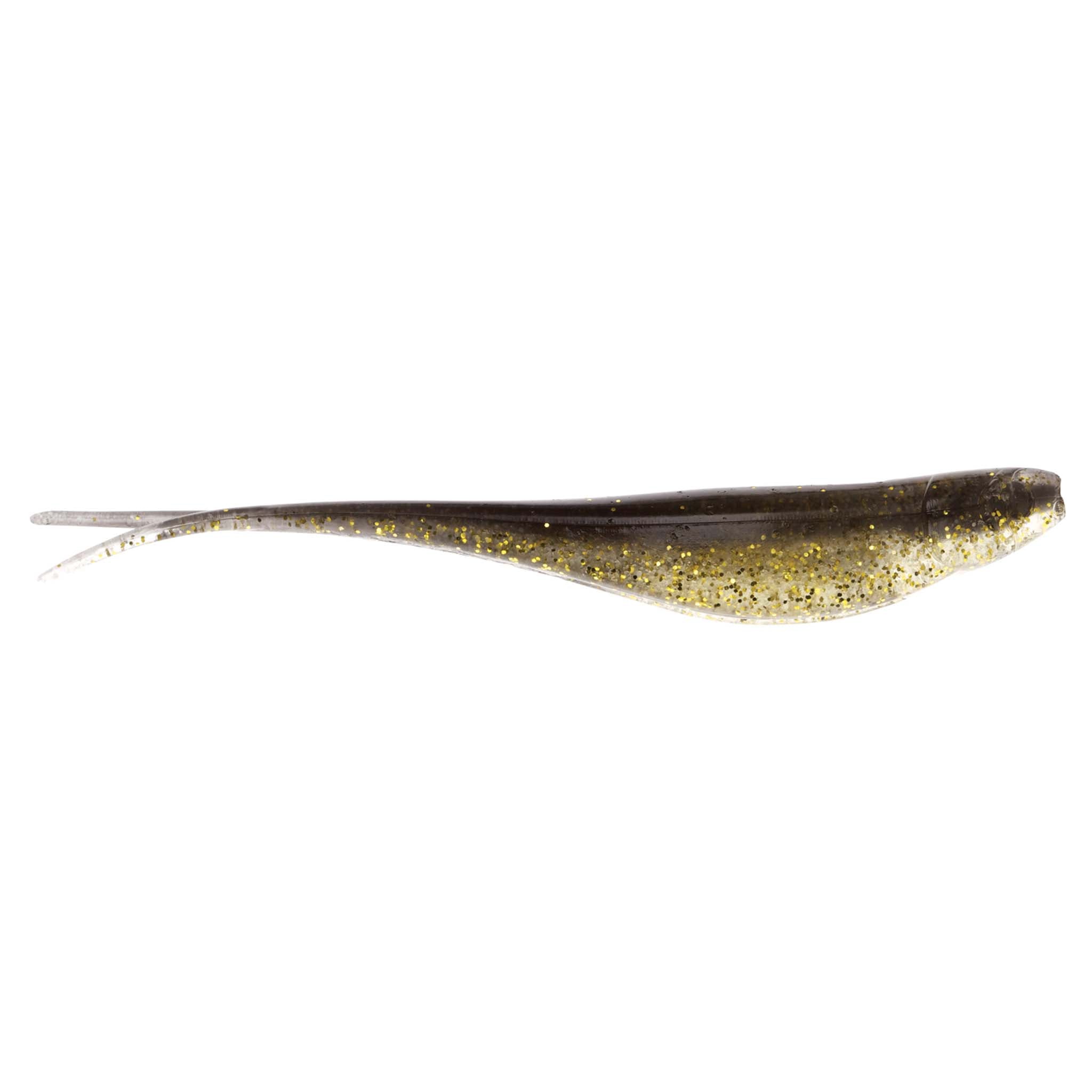 Jerk shad lure in dark green-brown with gold flecks and fork tail
