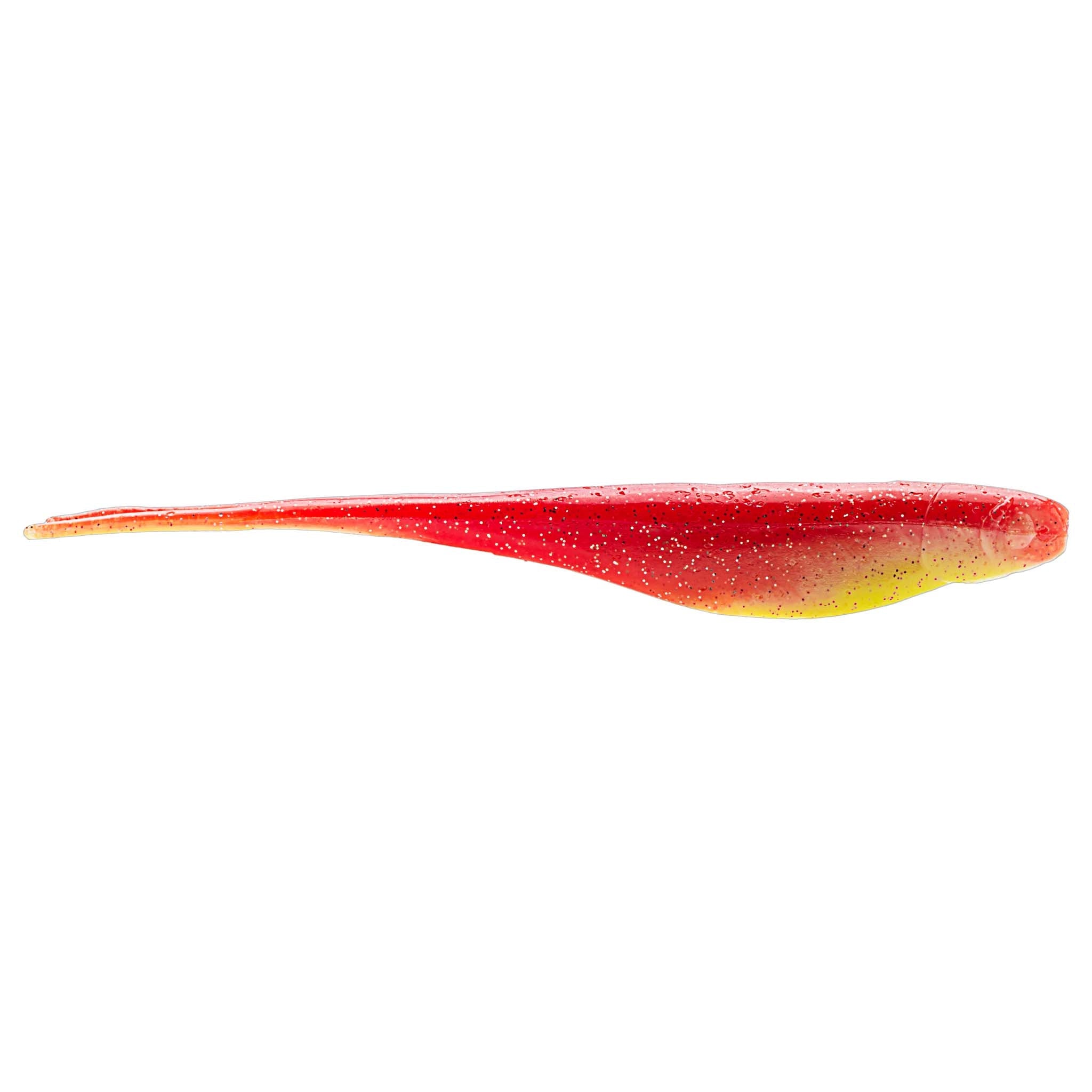 Jerk shad lure in red with yellow-green underside and glitter and fork tail