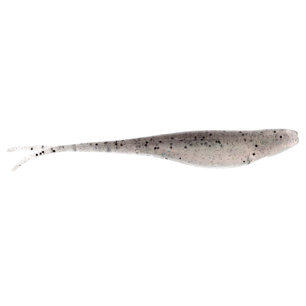 Jerk shad lure in light gray with dark speckles and fork tail