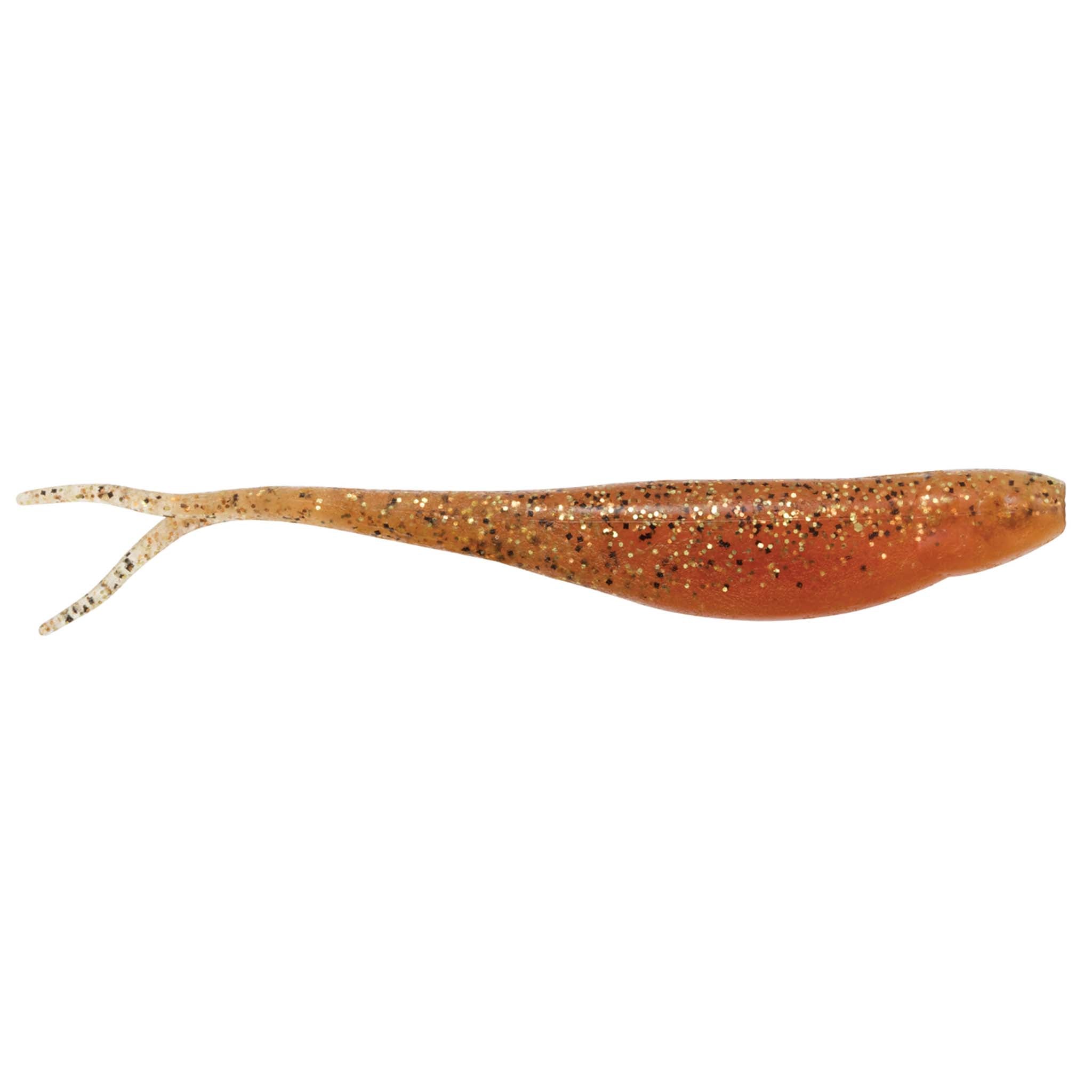 Jerk shad lure in orange-brown with gold glitter and fork tail