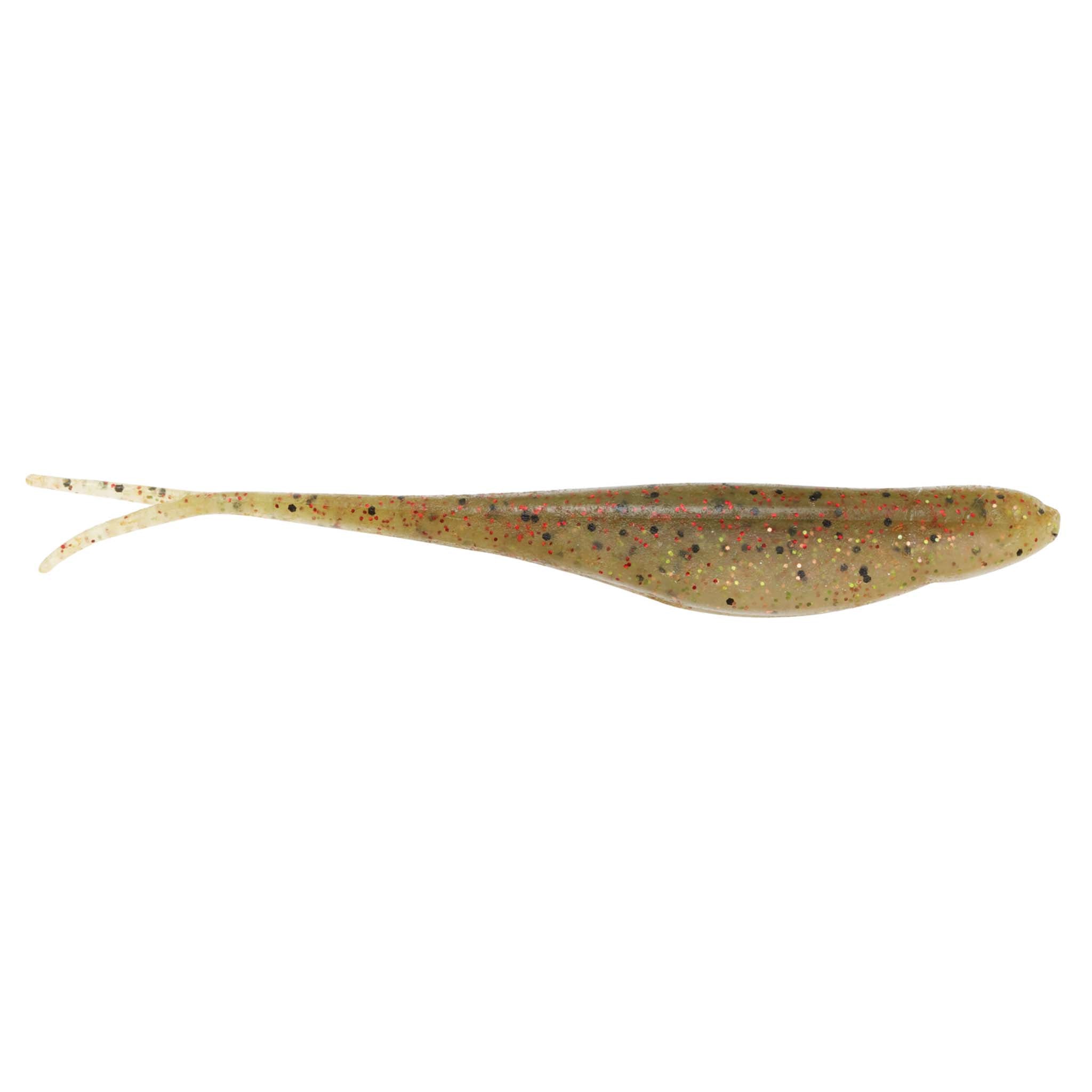 Jerk shad lure in olive-brown with multicolor speckles and fork tail