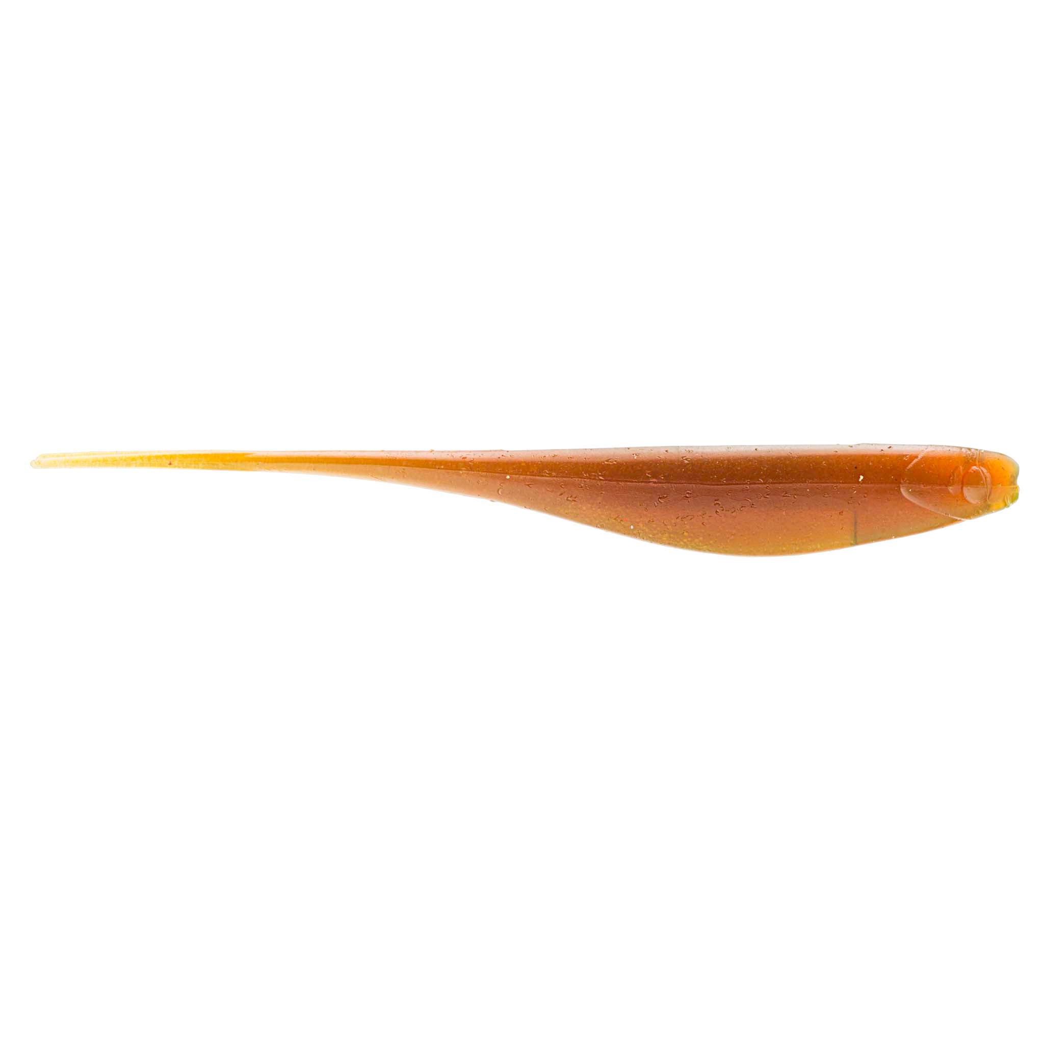 Jerk shad lure in amber-orange translucent with soft glitter and fork tail