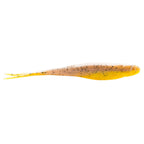 Jerk shad lure in yellow with brown speckles and bright fork tail
