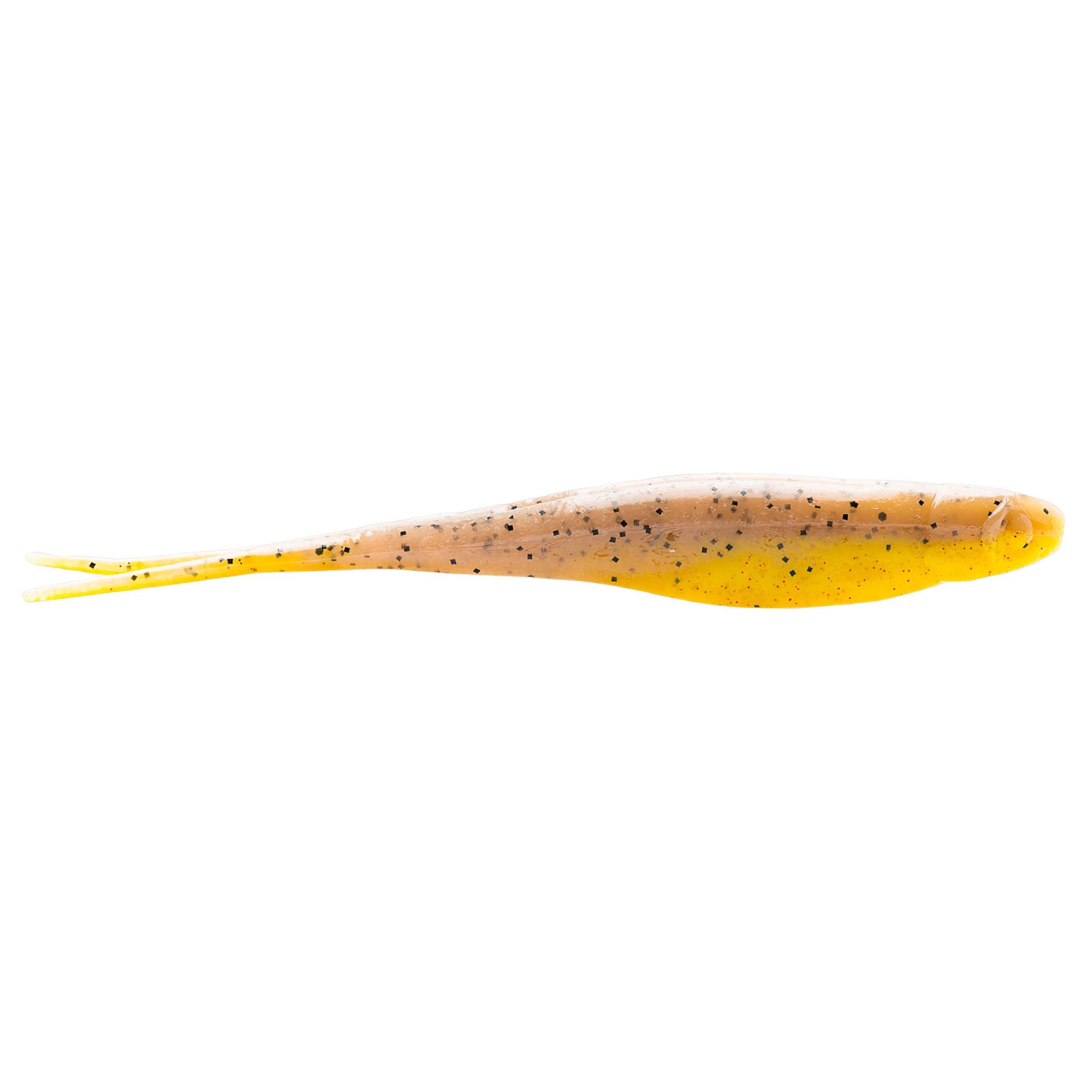 Jerk shad lure in yellow with brown speckles and bright fork tail