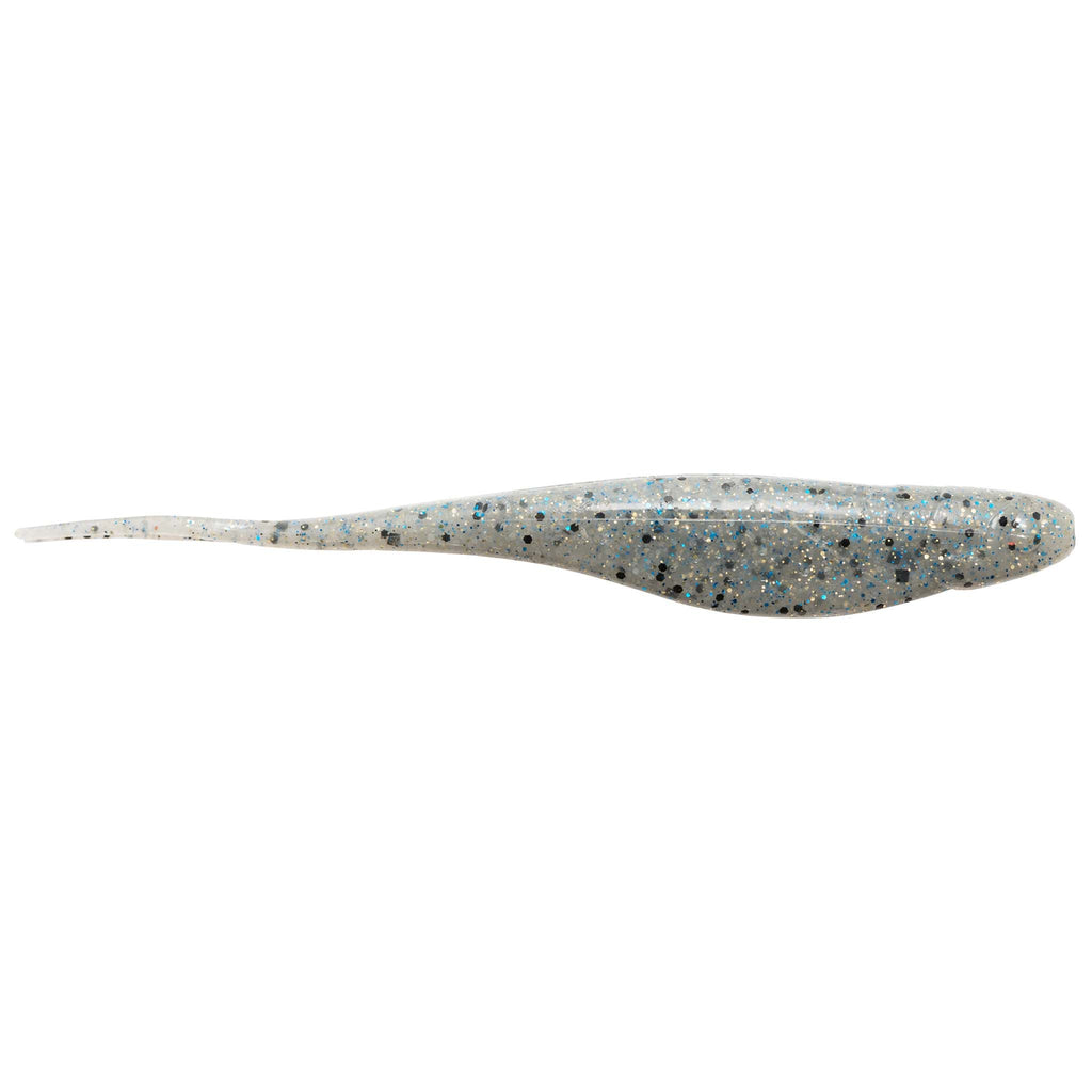 Jerk shad lure in light blue-gray with speckles and fork tail