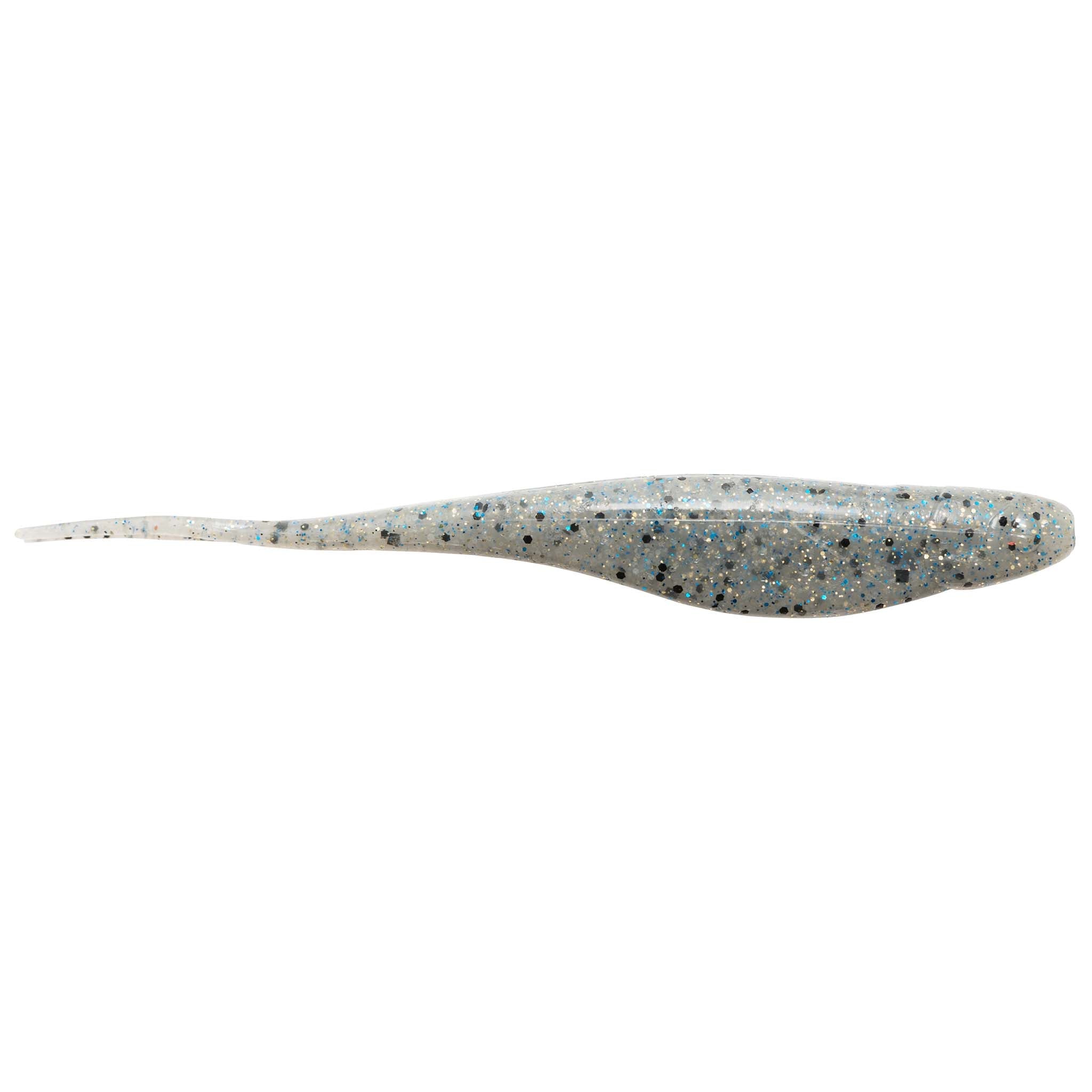 Jerk shad lure in light blue-gray with speckles and fork tail