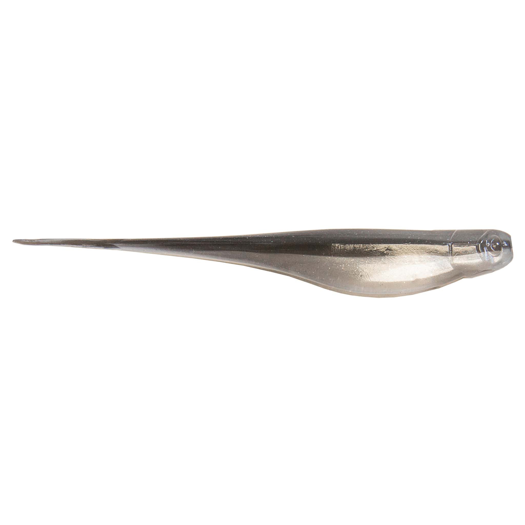 Jerk shad lure in dark gray with clear pale underside and fork tail