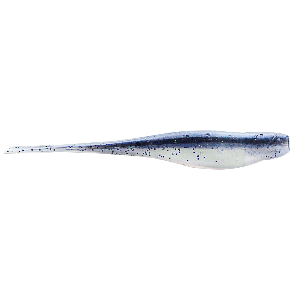 Jerk shad lure in pale blue with dark speckles and fork tail