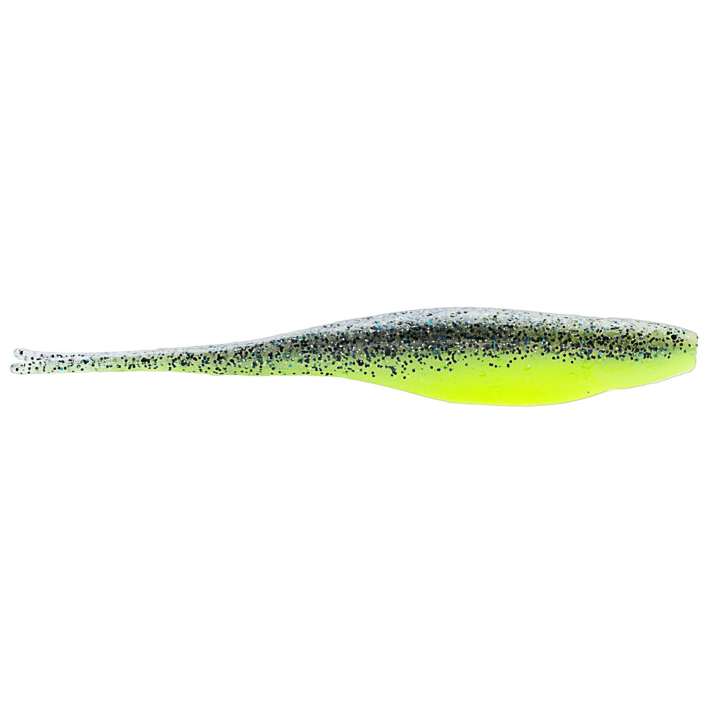 Jerk shad lure in green with neon chartreuse underside and speckles and fork tail
