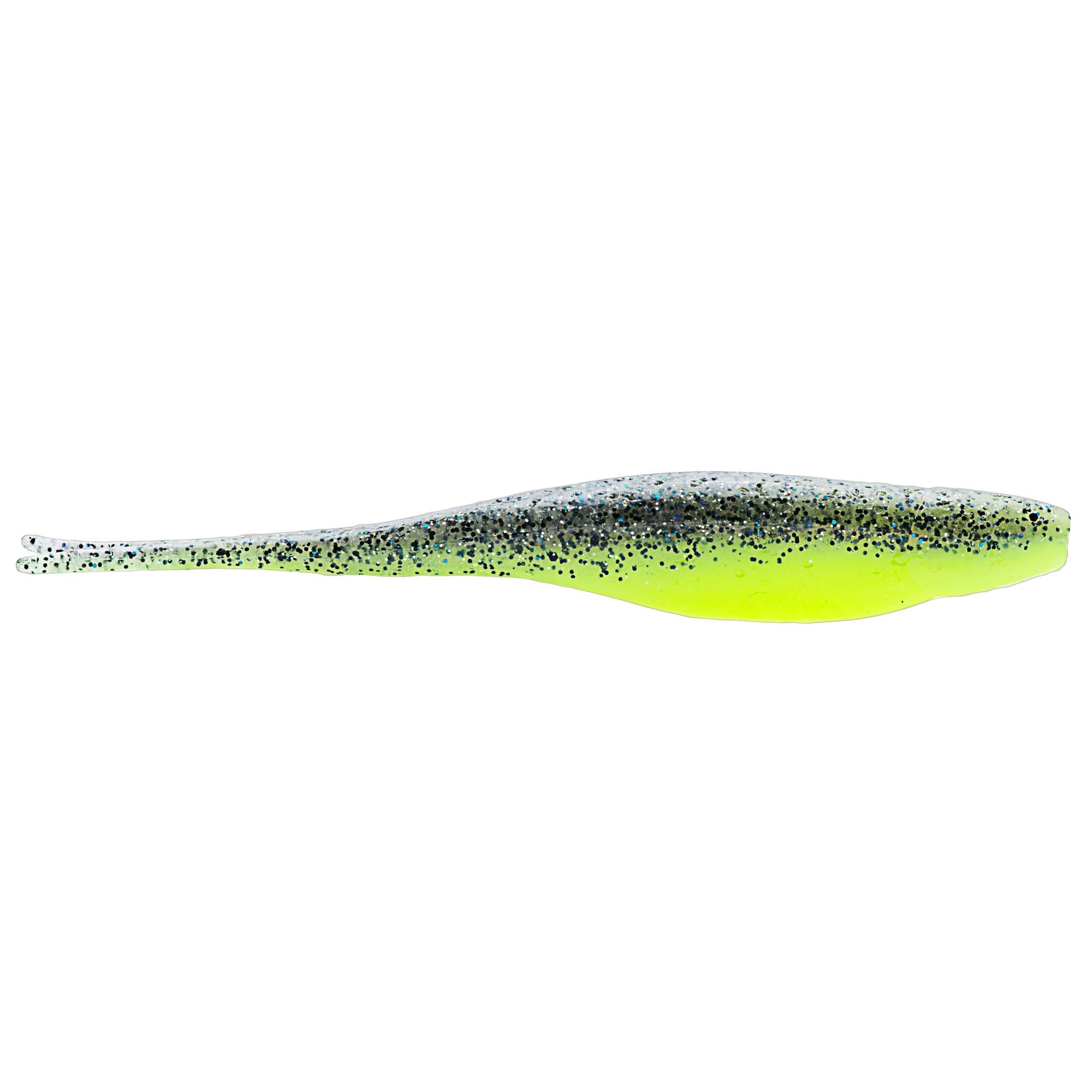 Jerk shad lure in green with neon chartreuse underside and speckles and fork tail