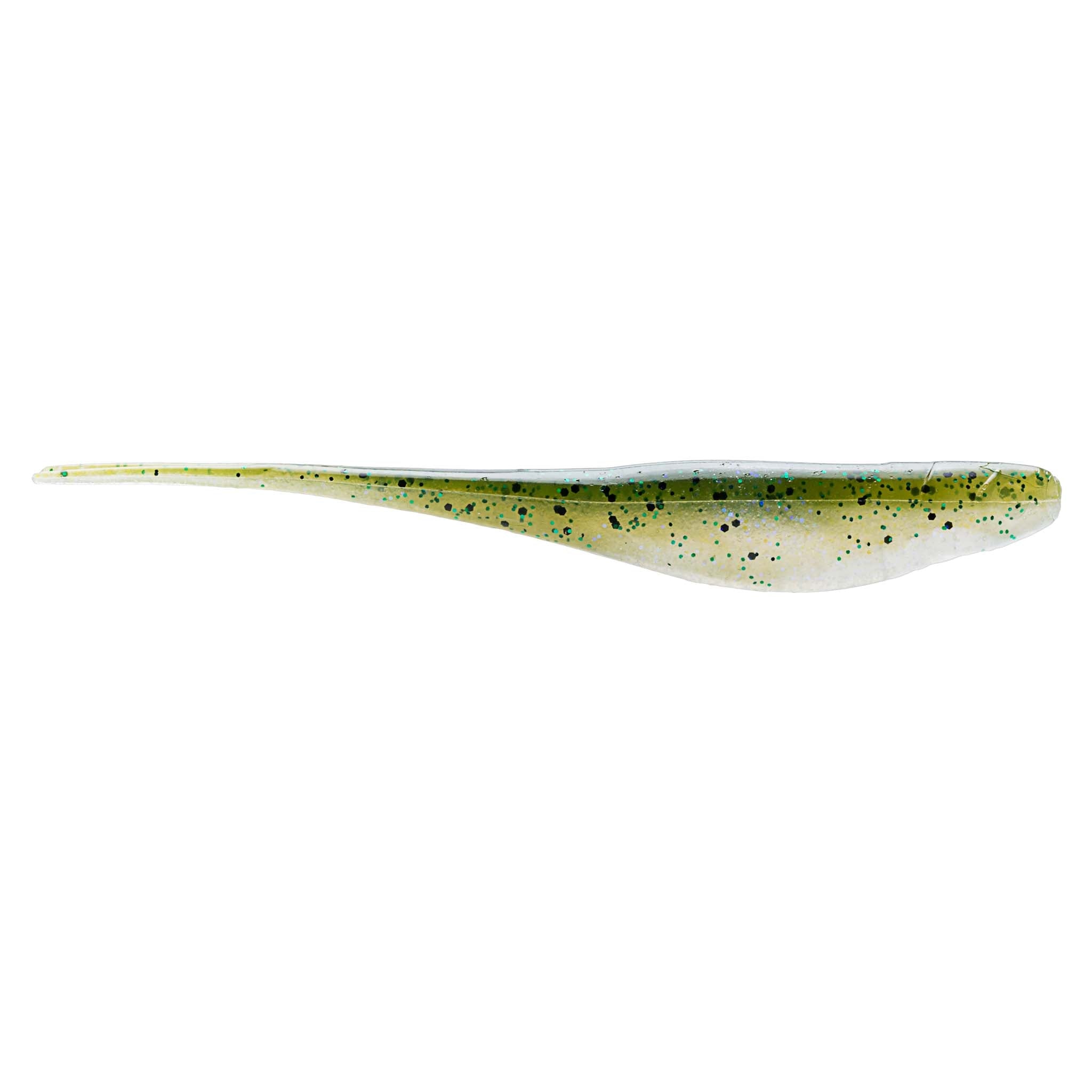 Jerk shad lure in pale green with yellow glitter specks and fork tail