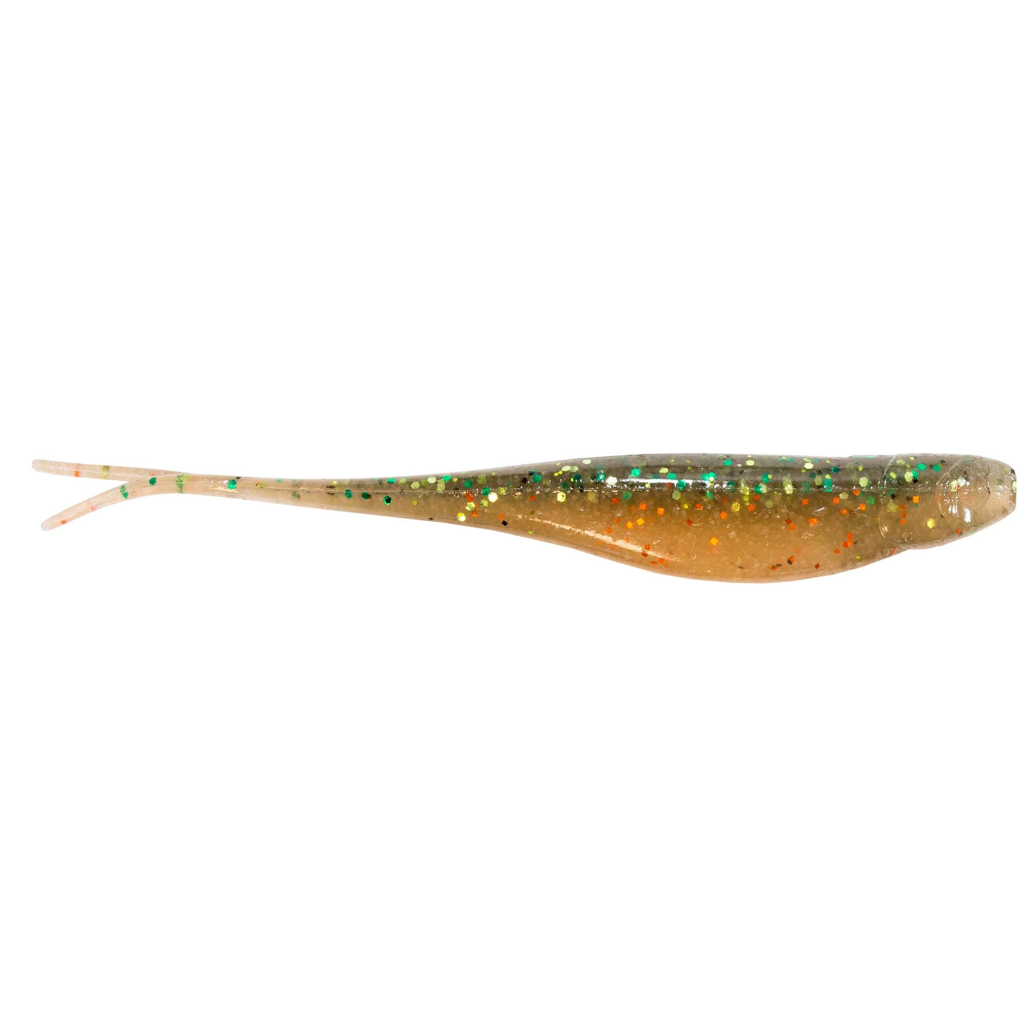 Scented jerk shad lure, orange-brown with multicolor glitter and forked tail