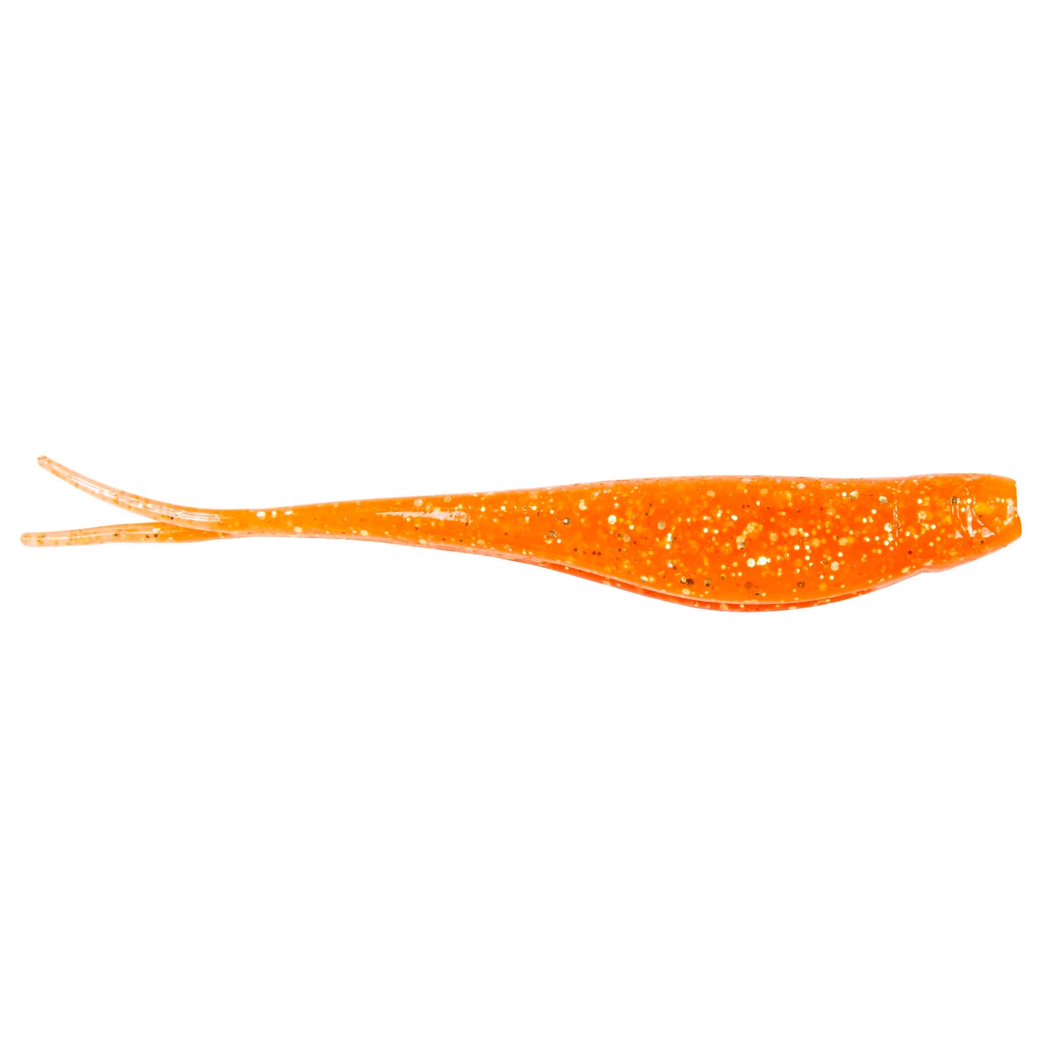 Scented jerk shad lure, orange translucent with fine glitter and forked tail